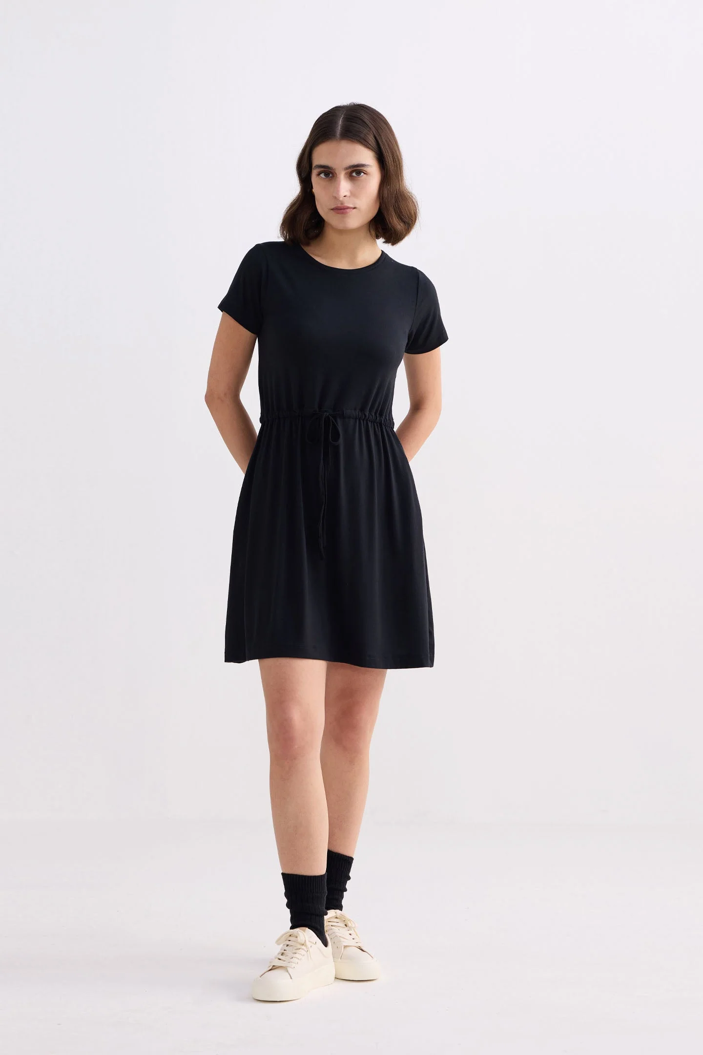 Drawstring Short T-shirt Dress in Black