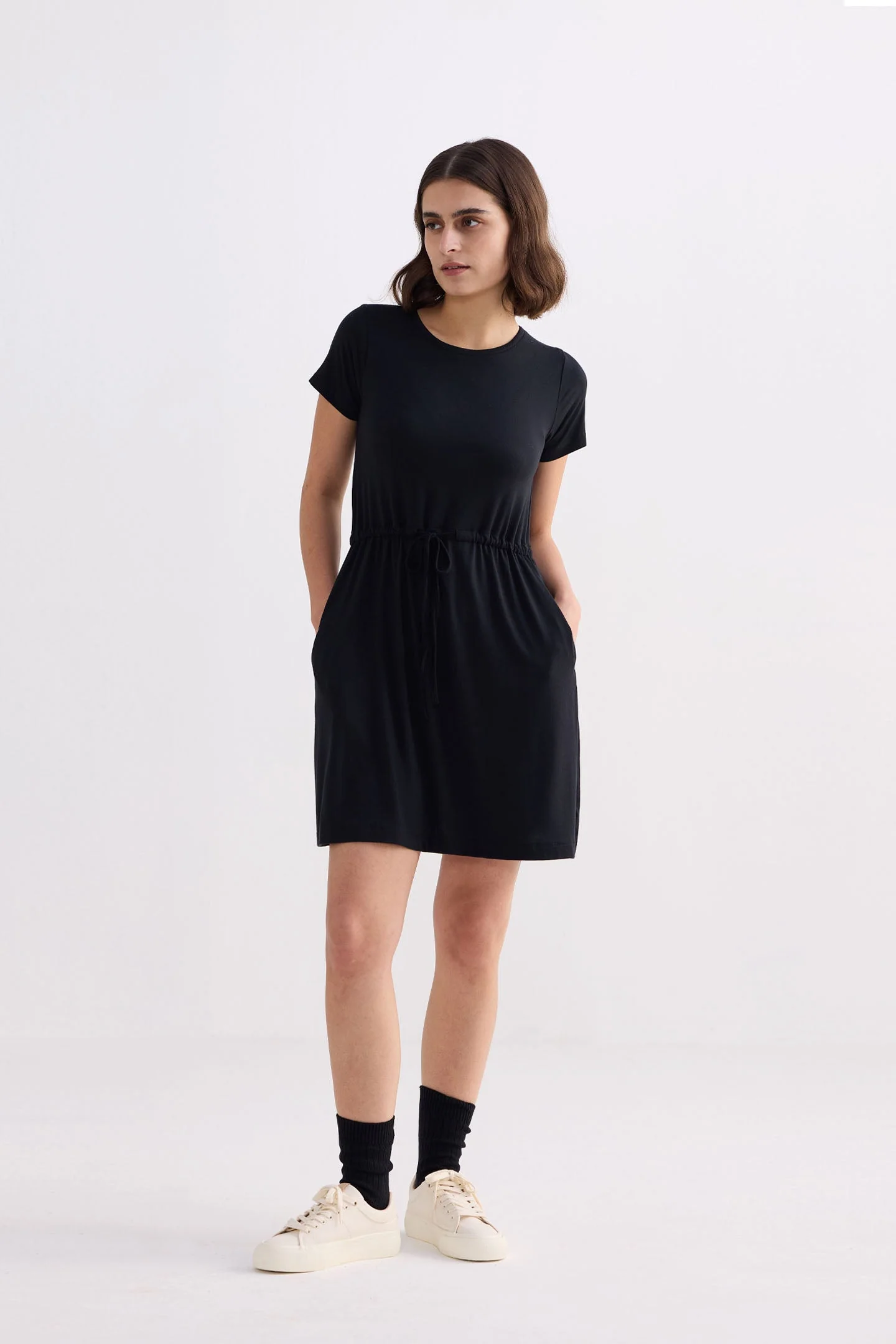 Drawstring Short T-shirt Dress in Black - Image 10