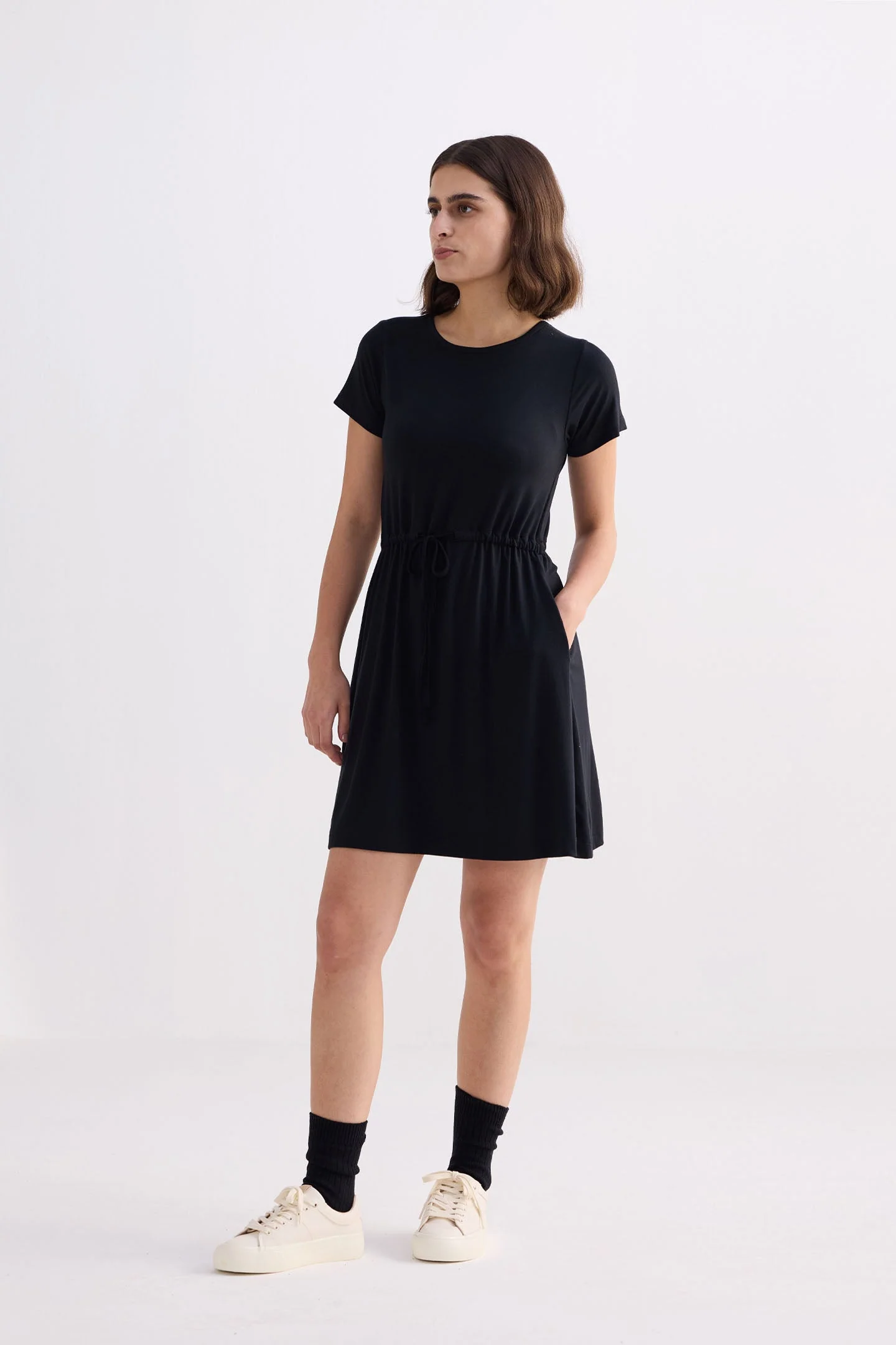 Drawstring Short T-shirt Dress in Black - Image 11