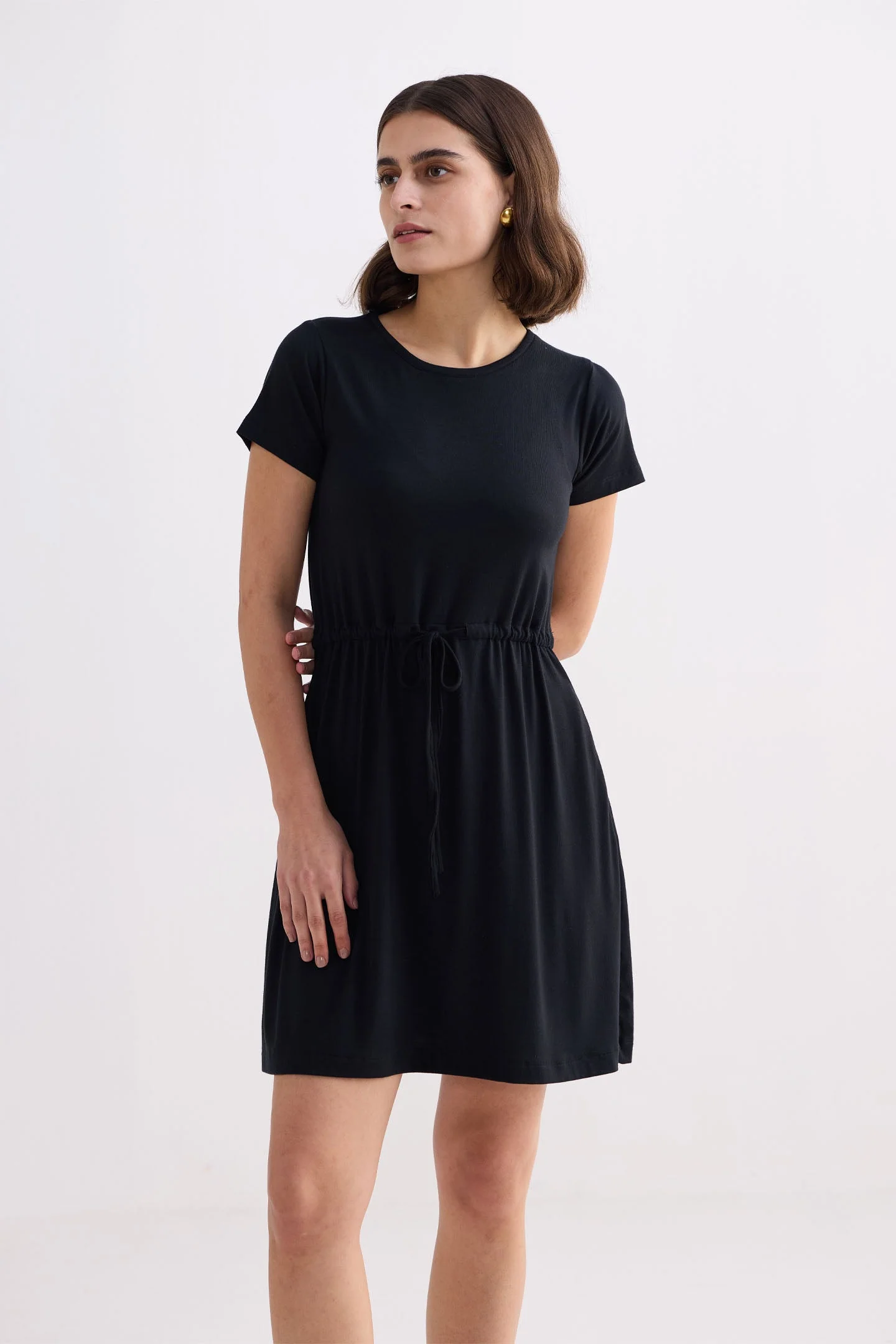 Drawstring Short T-shirt Dress in Black - Image 12