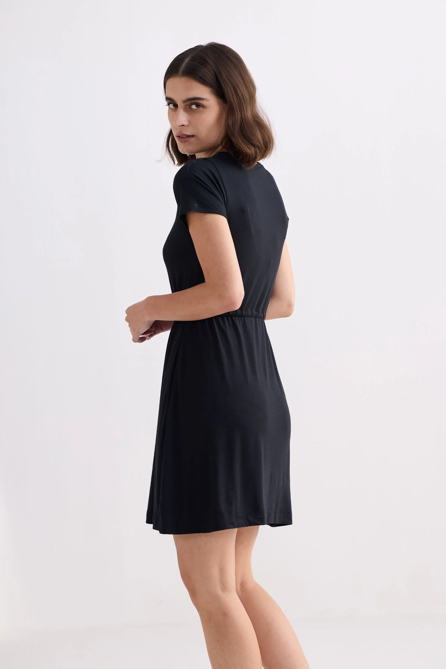 Drawstring Short T-shirt Dress in Black - Image 2