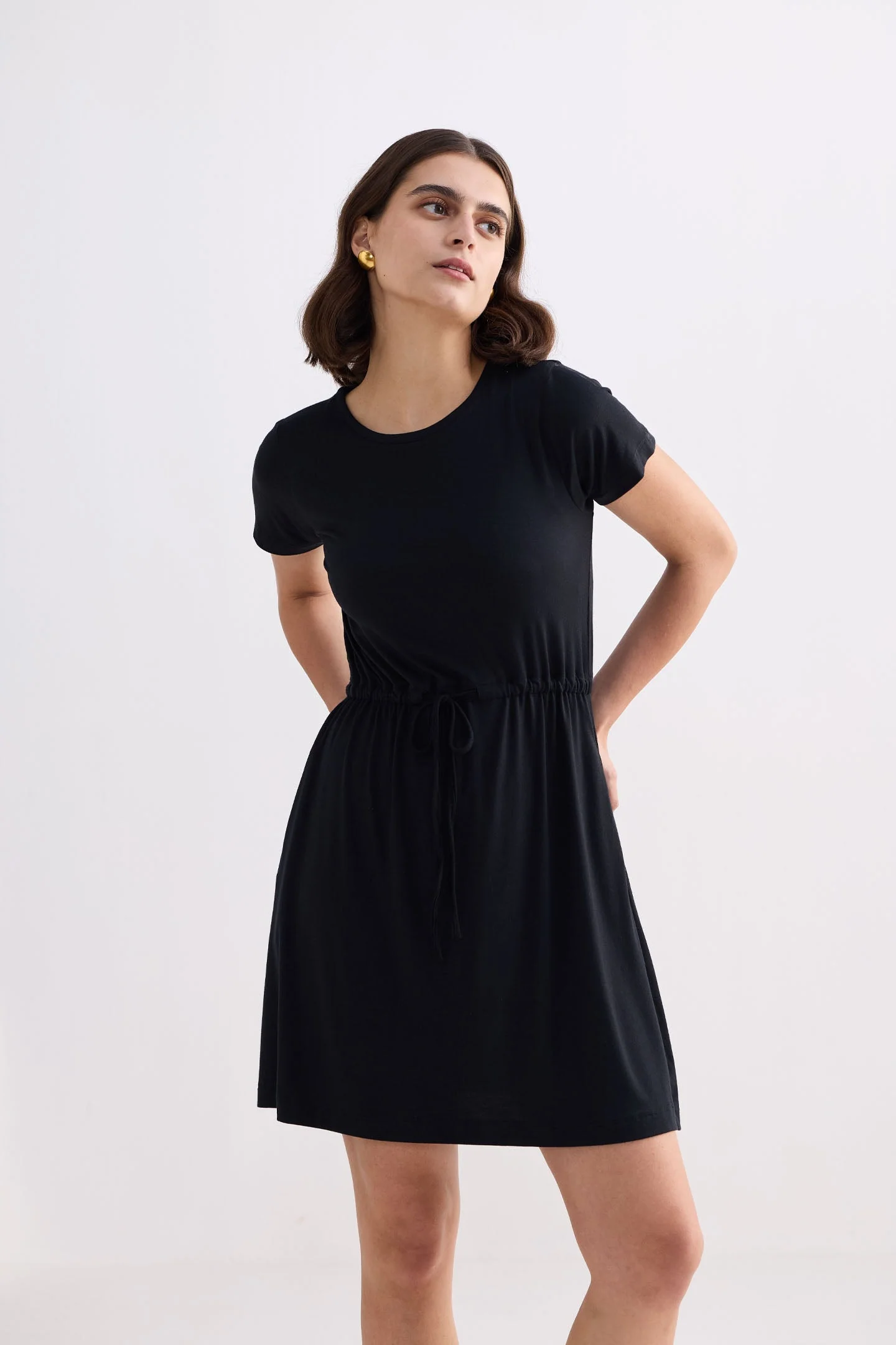 Drawstring Short T-shirt Dress in Black - Image 3