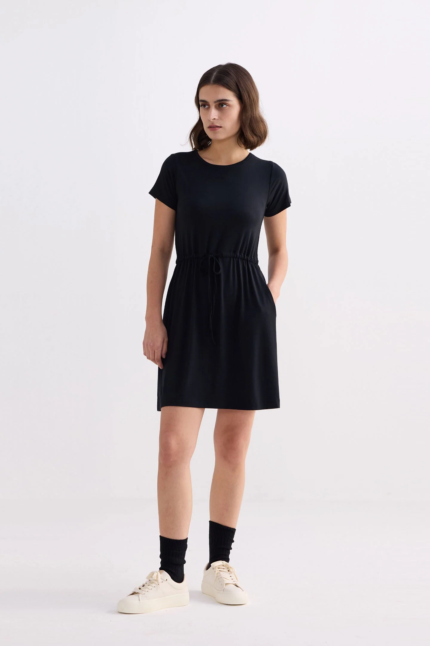 Drawstring Short T-shirt Dress in Black - Image 4