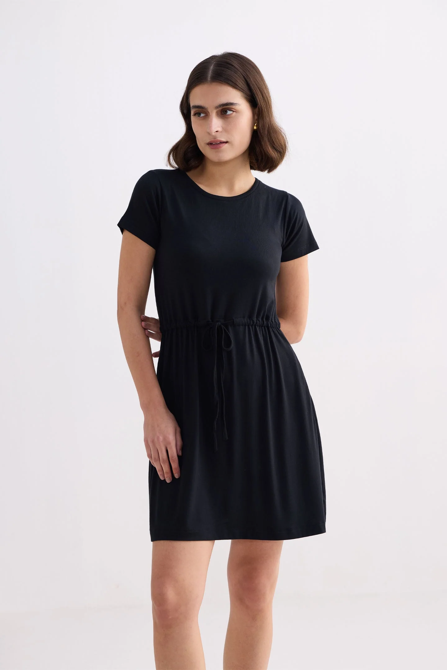 Drawstring Short T-shirt Dress in Black - Image 5