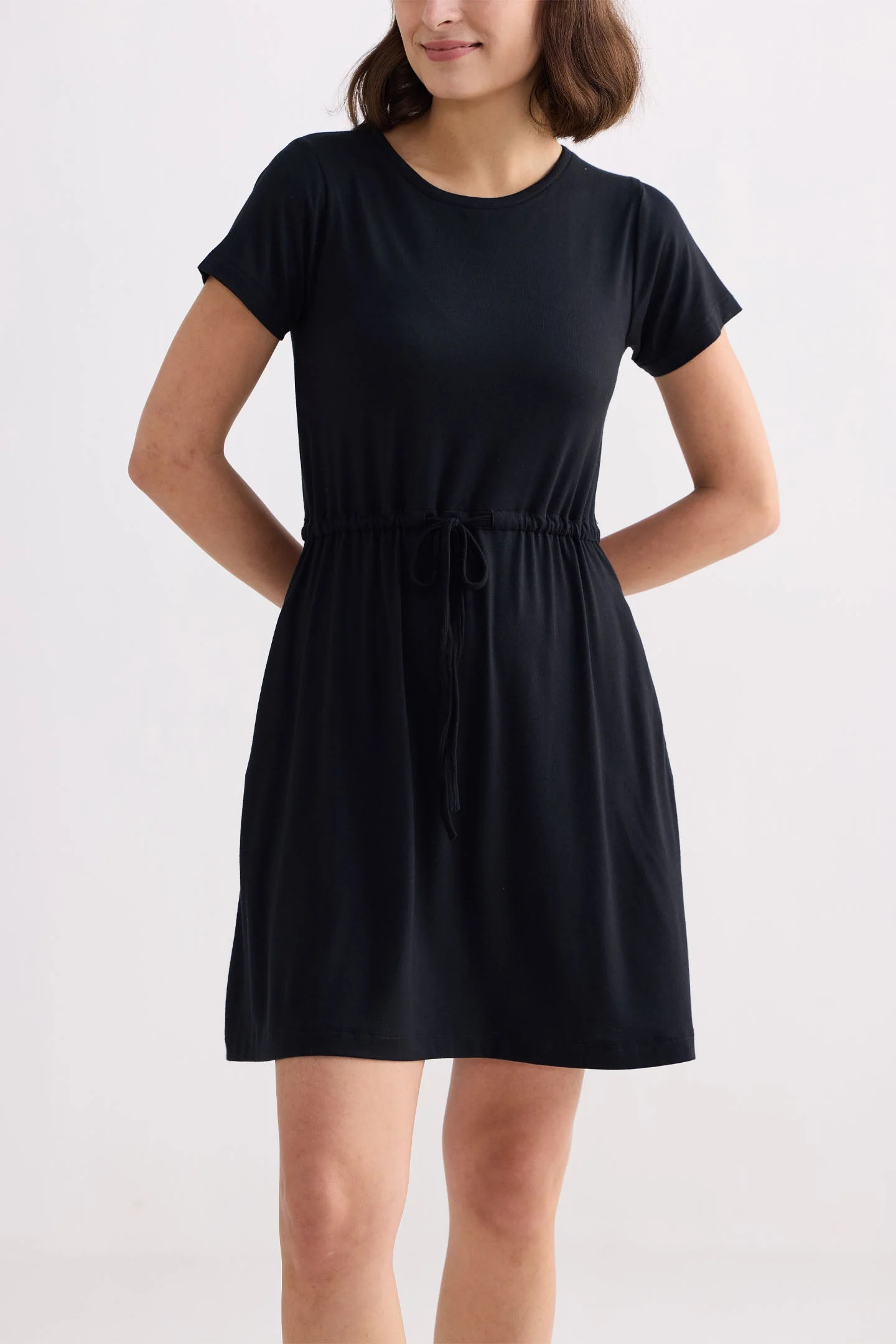 Drawstring Short T-shirt Dress in Black - Image 6