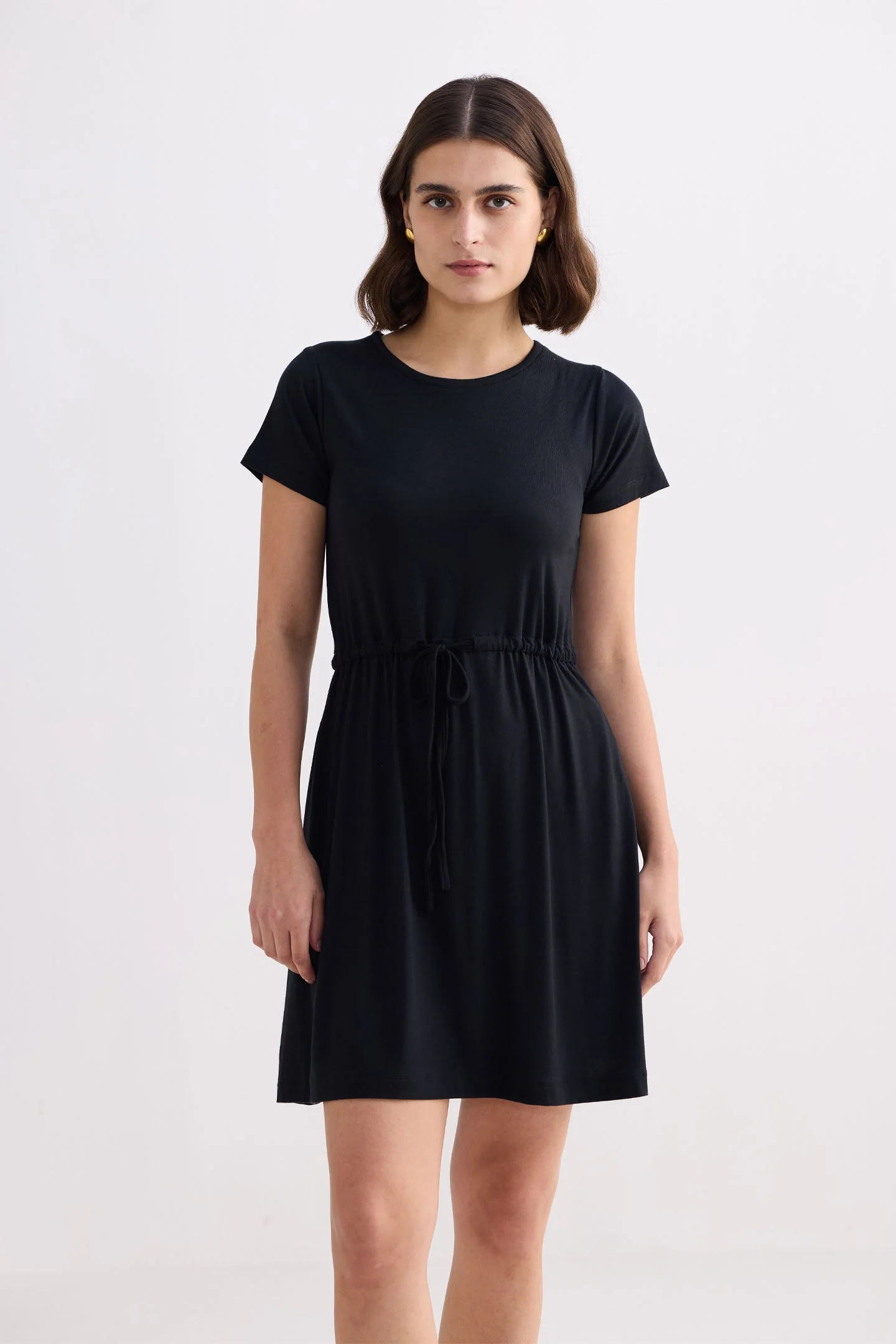 Drawstring Short T-shirt Dress in Black - Image 7