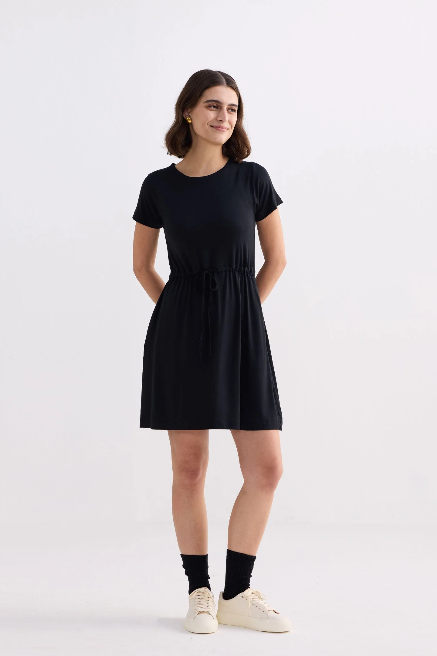 Drawstring Short T-shirt Dress in Black - Image 8