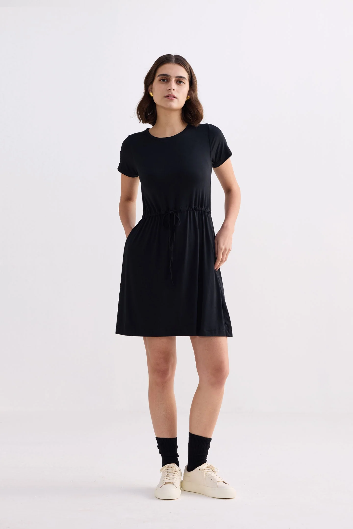 Drawstring Short T-shirt Dress in Black - Image 9