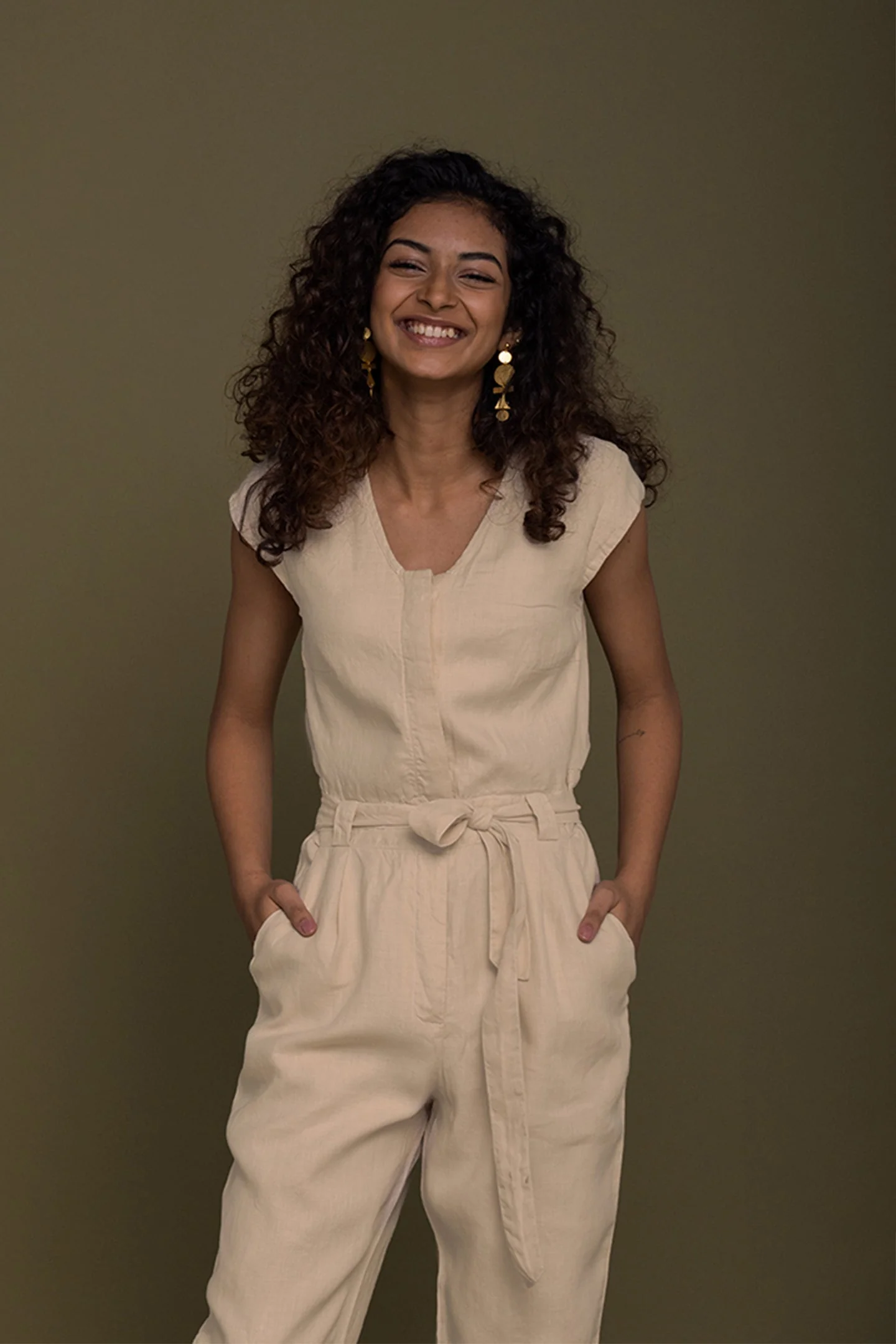 Evening Chai Jumpsuit in Neutral Beige - Image 3