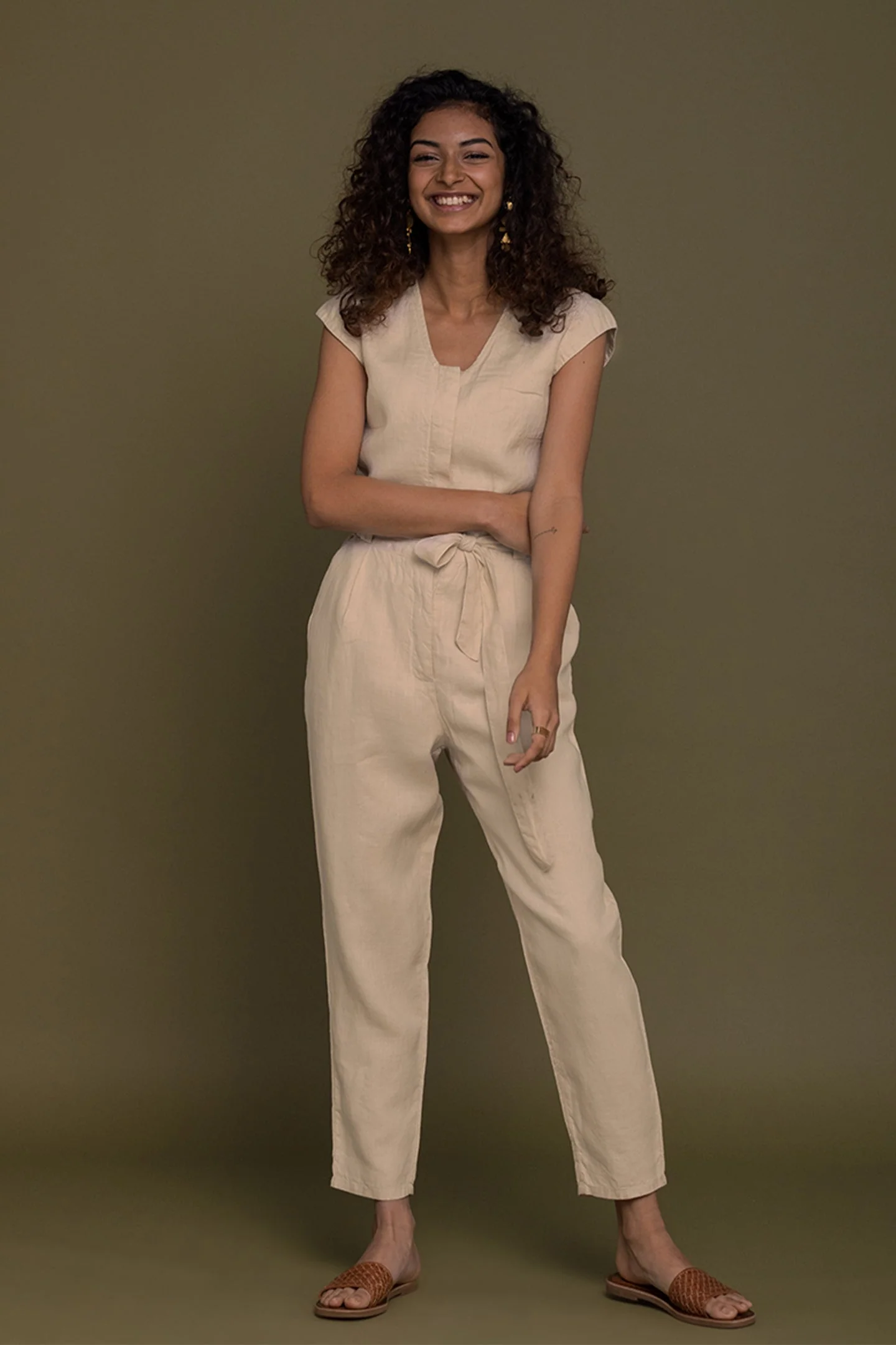 Evening Chai Jumpsuit in Neutral Beige - Image 5