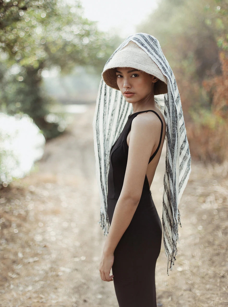 Fatima Hand-loomed Raw Cotton Scarf, in Black - Image 3