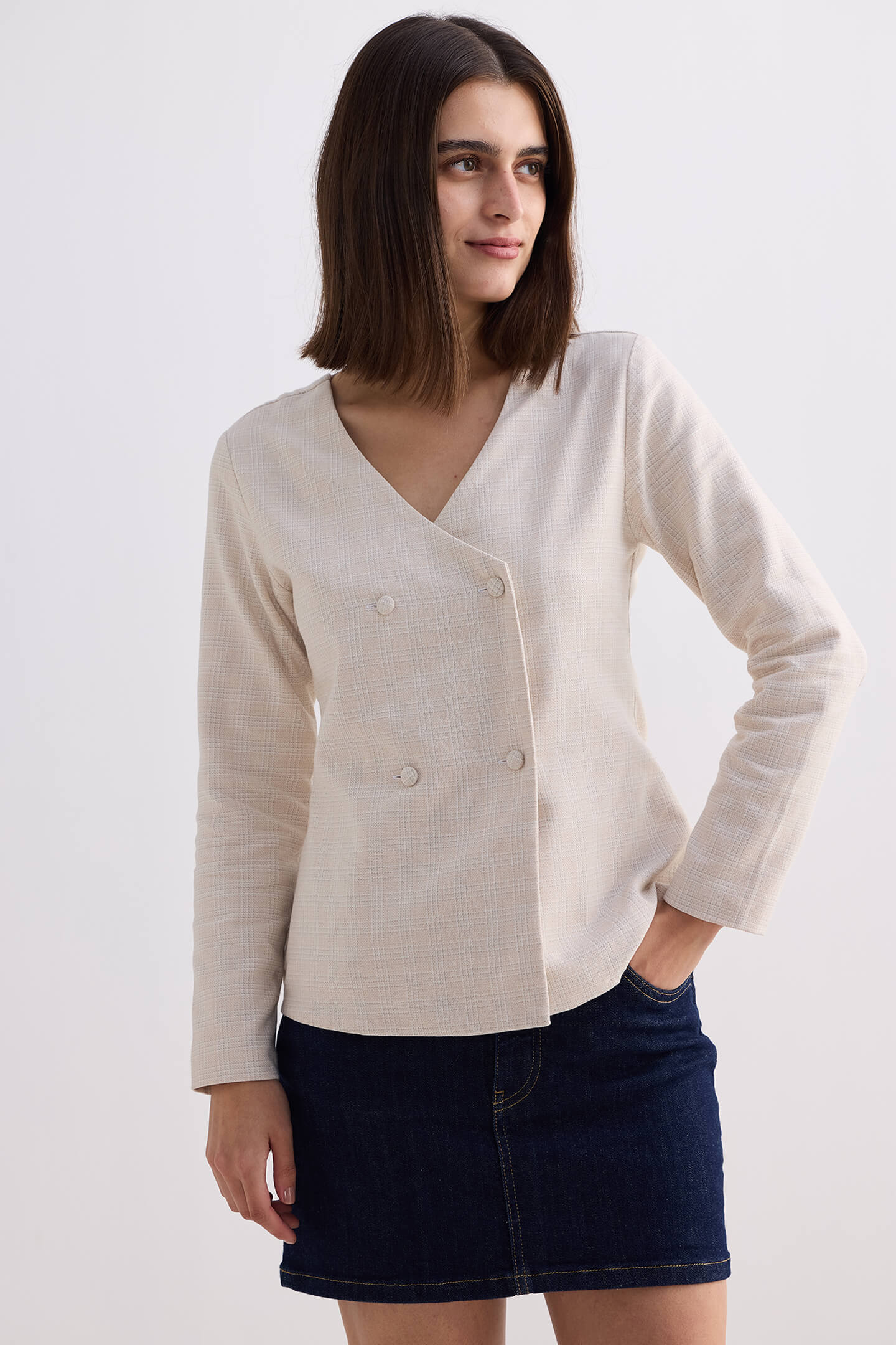 Fitted Cotton Tweed Jacket in Cream - Image 3