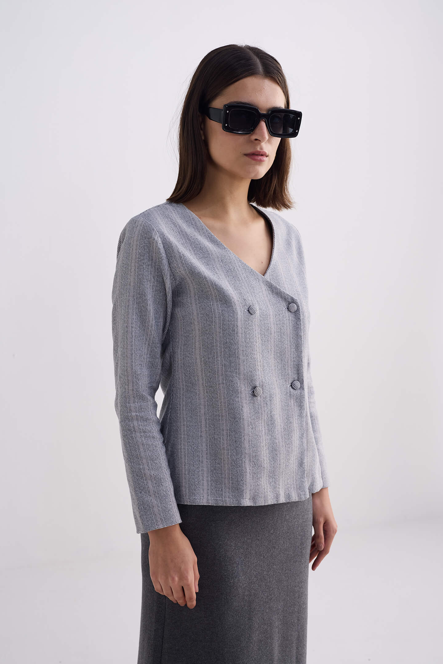 Fitted Cotton Tweed Jacket in Grey - Image 3