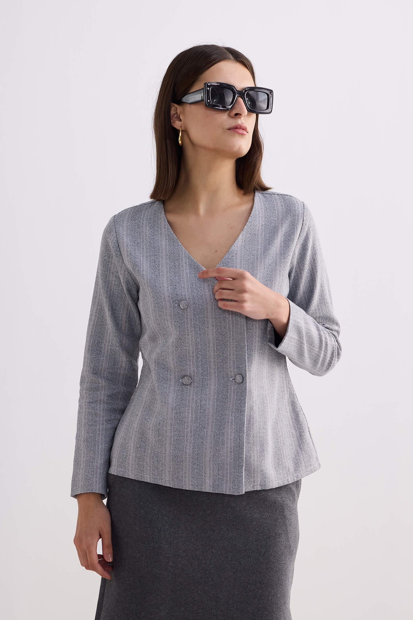 Fitted Cotton Tweed Jacket in Grey - Image 4