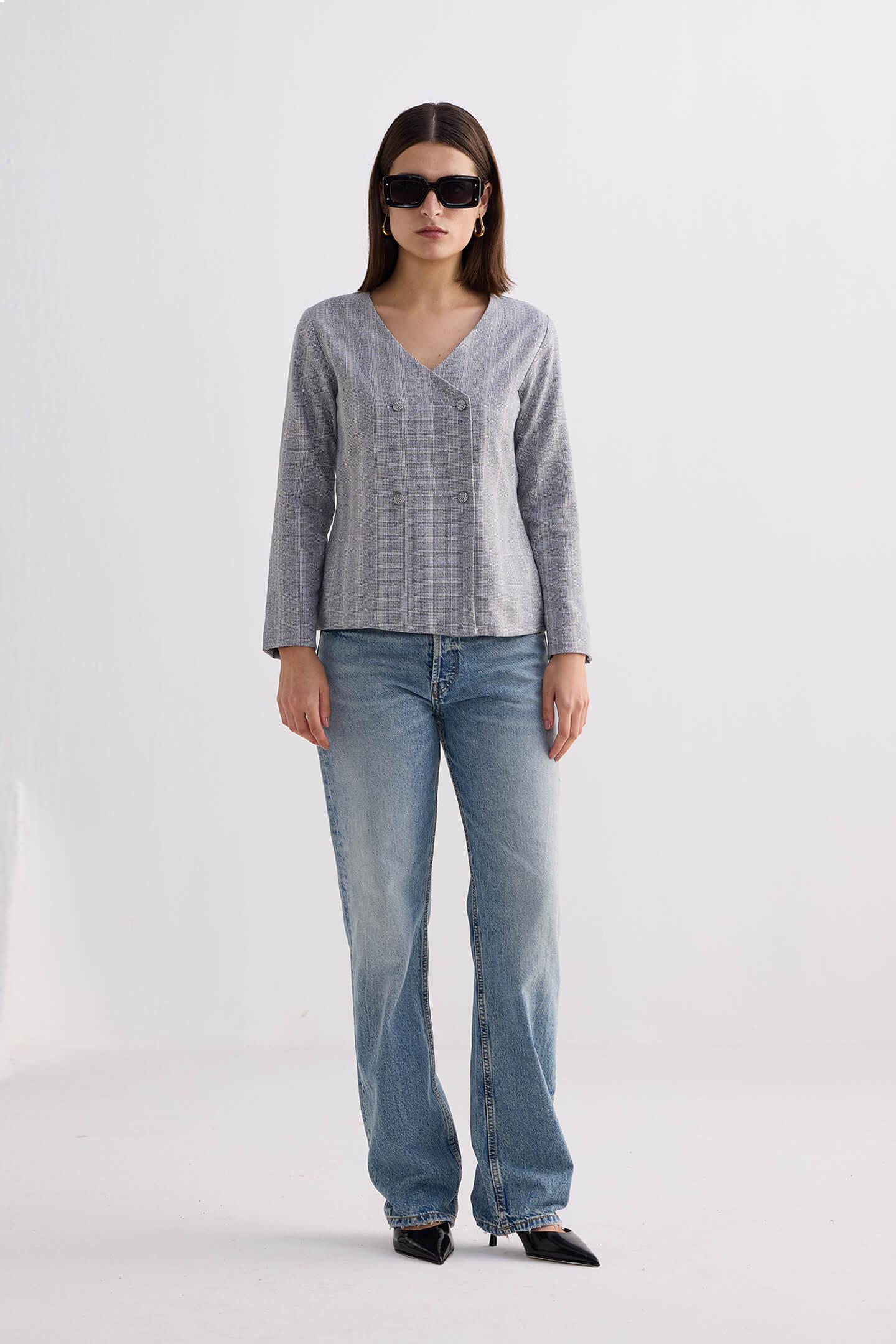 Fitted Cotton Tweed Jacket in Grey - Image 7