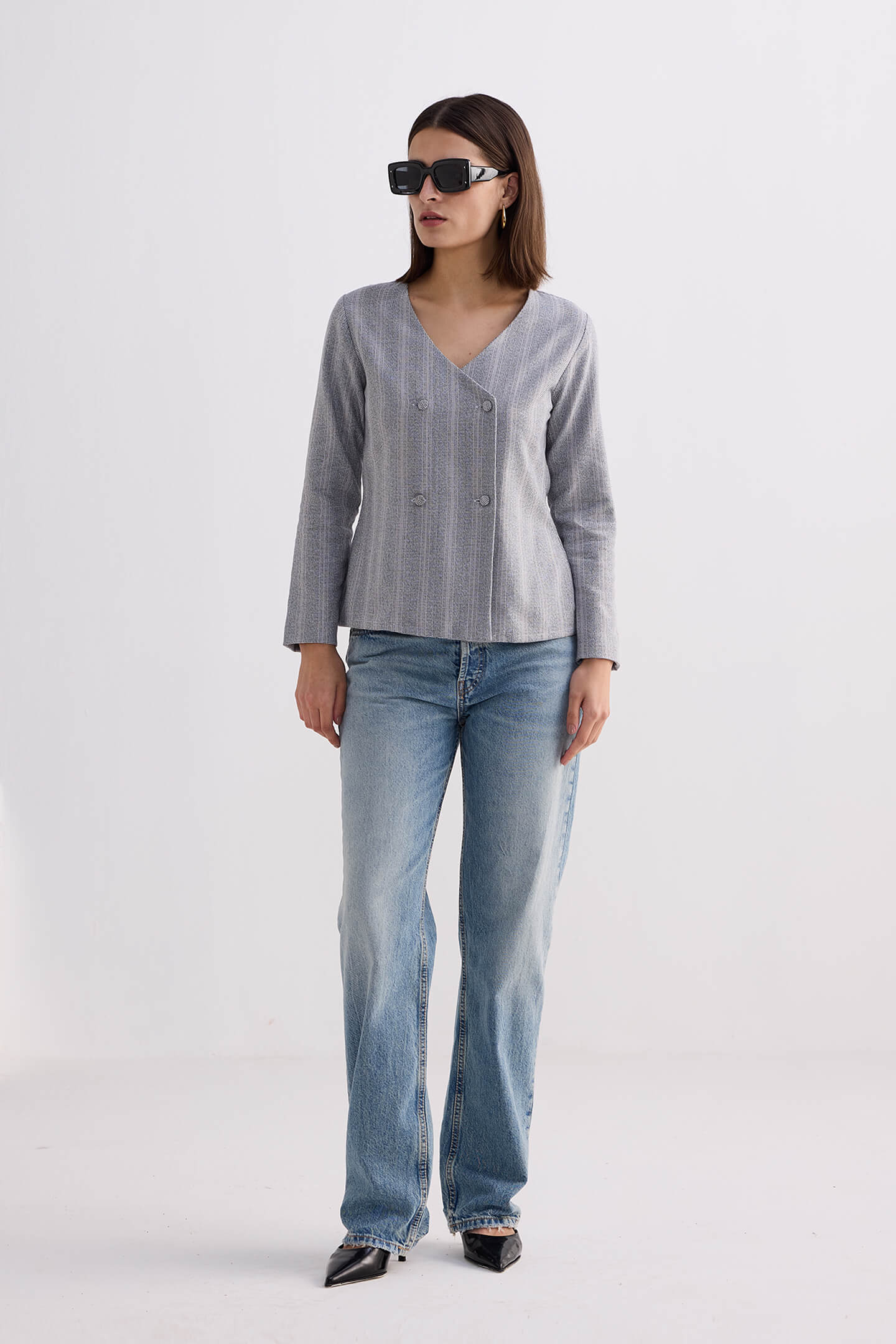Fitted Cotton Tweed Jacket in Grey - Image 8