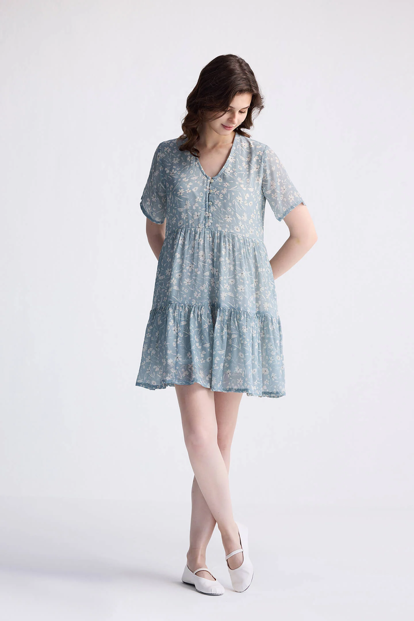 Floral Short Tiered dress in Light Blue - Image 4