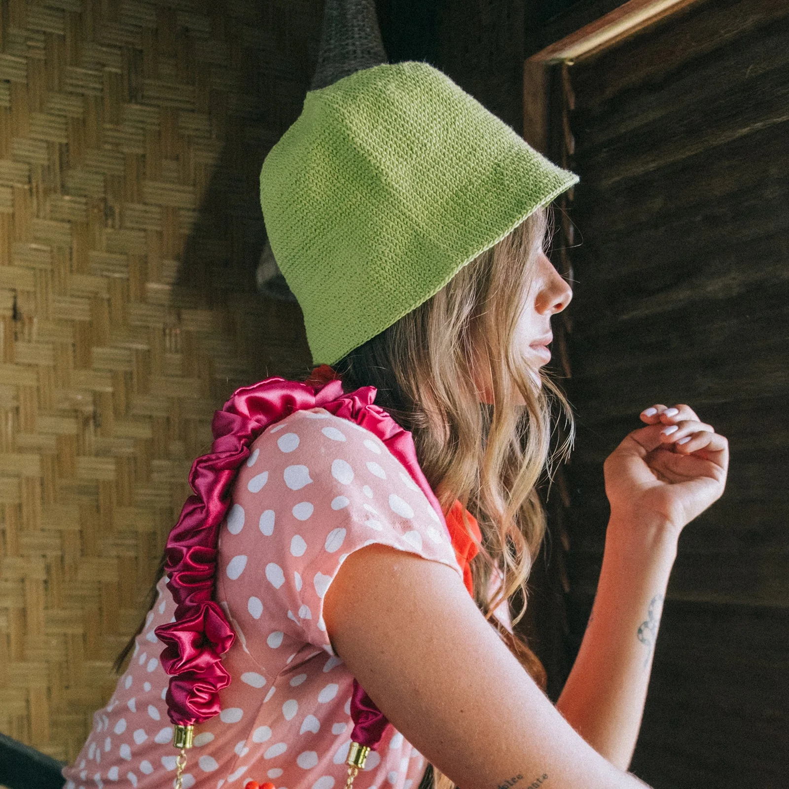 FLORETTE Crochet Bucket Hat In Lime Green - Image 3