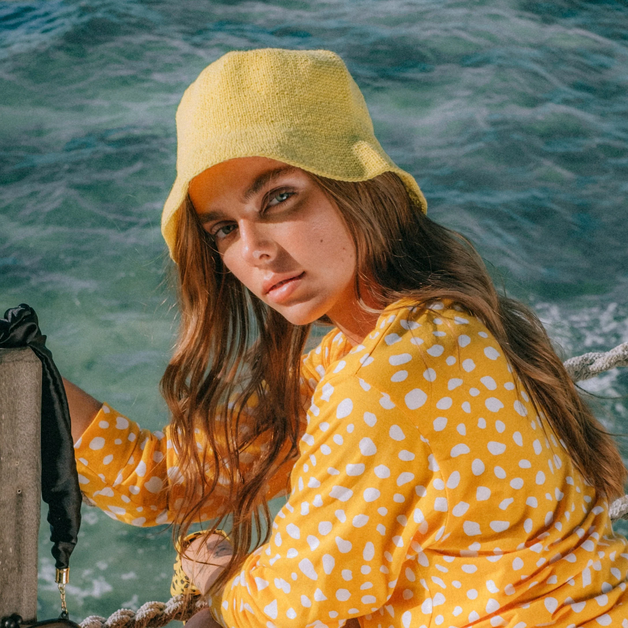 FLORETTE Crochet Bucket Hat In Yellow - Image 2