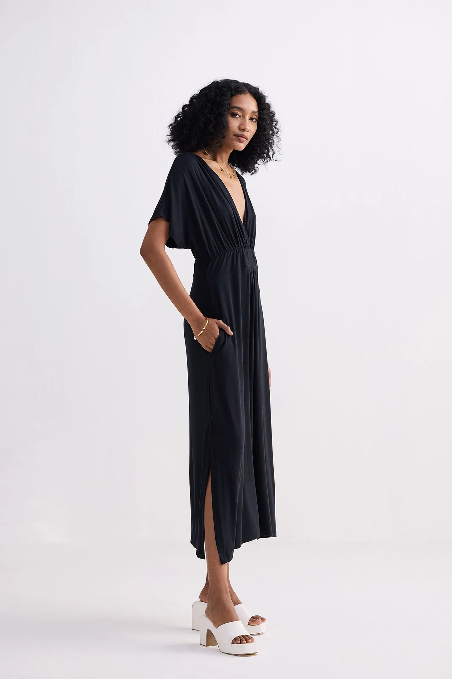 Flowy A-Line Maxi Dress with Side Slits in Black - Image 3