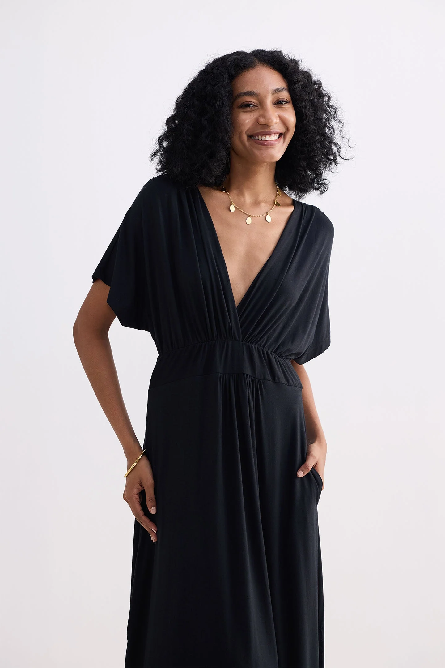 Flowy A-Line Maxi Dress with Side Slits in Black - Image 4