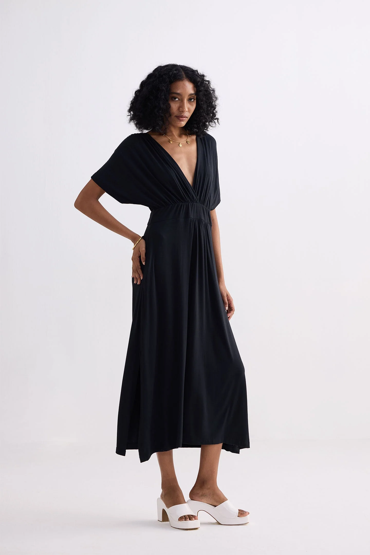 Flowy A-Line Maxi Dress with Side Slits in Black - Image 7
