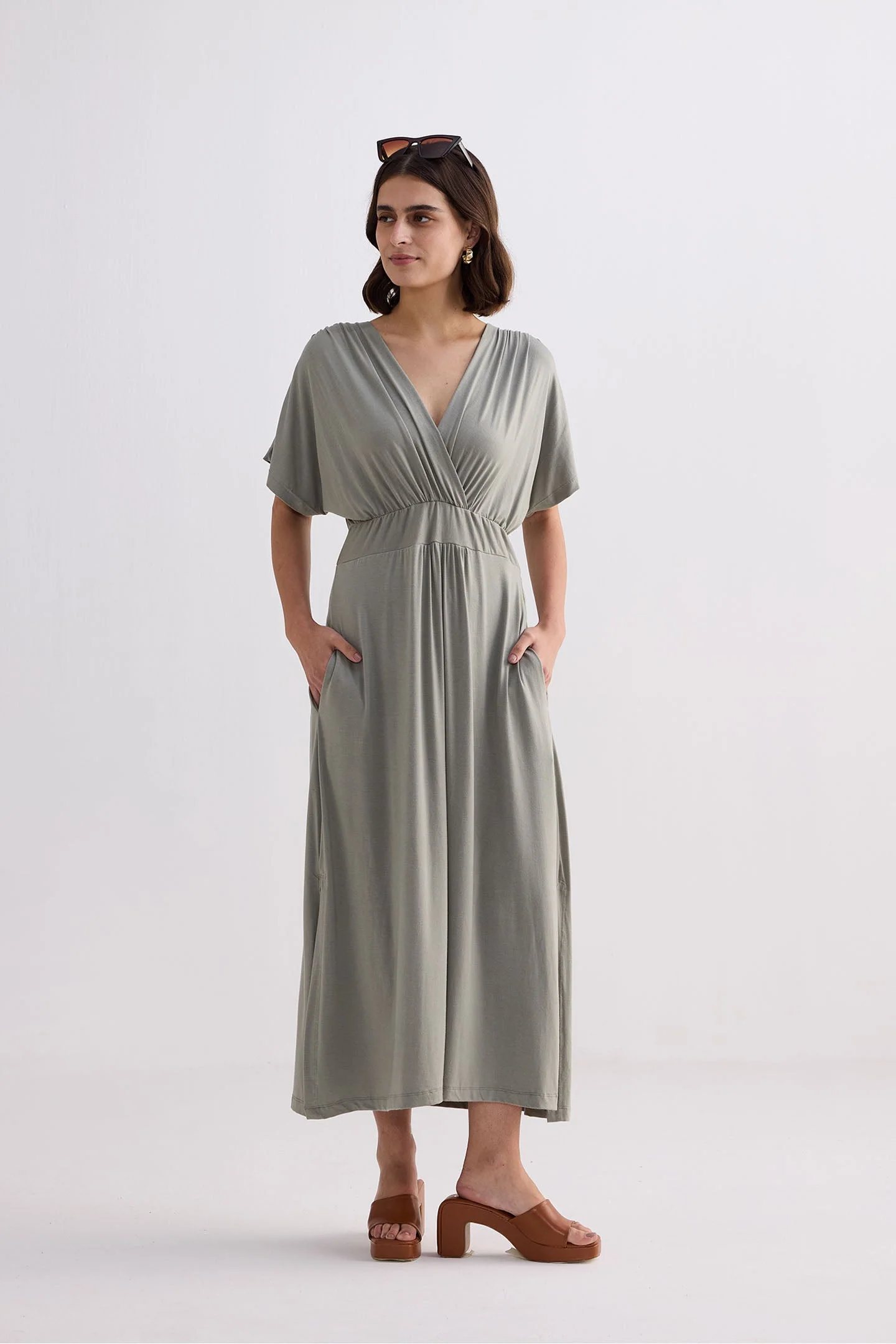 Flowy A-Line Maxi Dress with Side Slits in Light Olive - Image 10