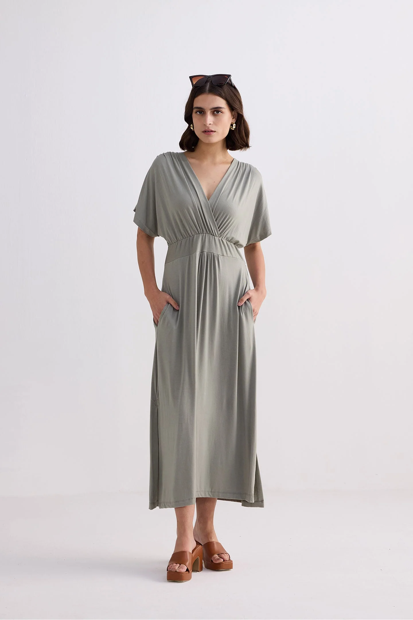 Flowy A-Line Maxi Dress with Side Slits in Light Olive - Image 11