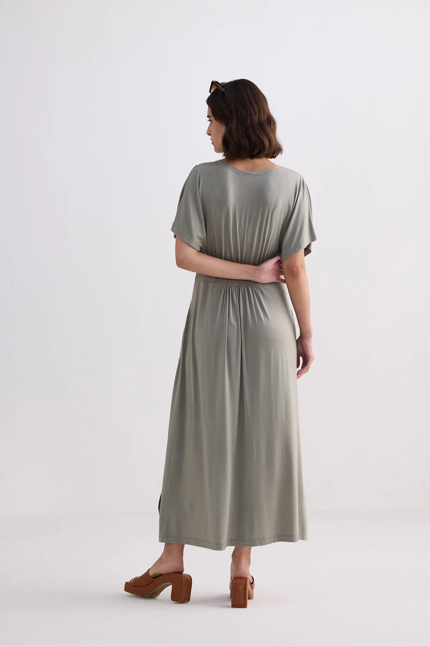Flowy A-Line Maxi Dress with Side Slits in Light Olive - Image 2