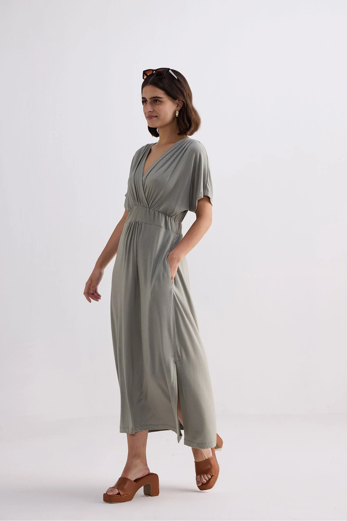 Flowy A-Line Maxi Dress with Side Slits in Light Olive - Image 3
