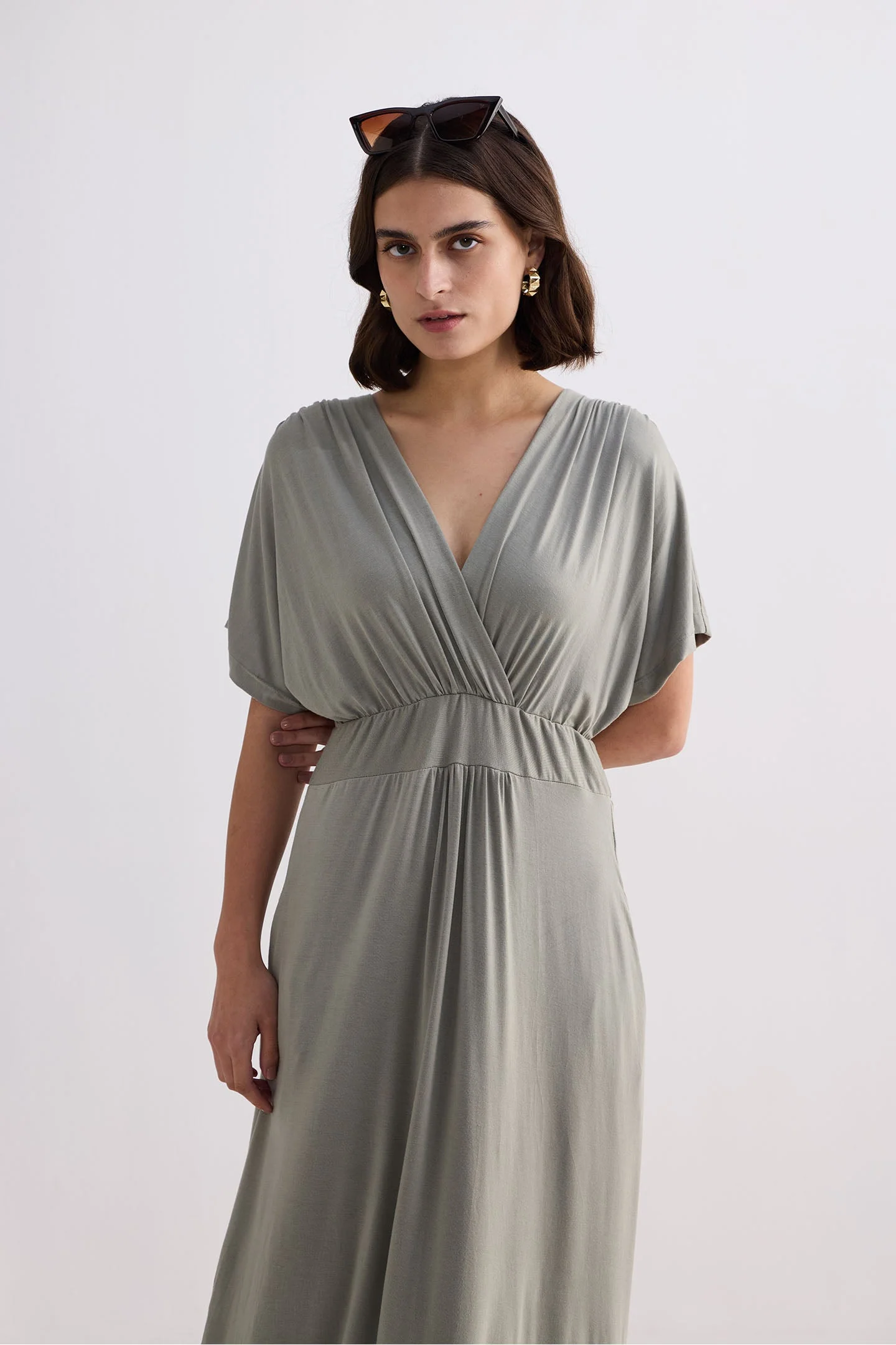 Flowy A-Line Maxi Dress with Side Slits in Light Olive - Image 4