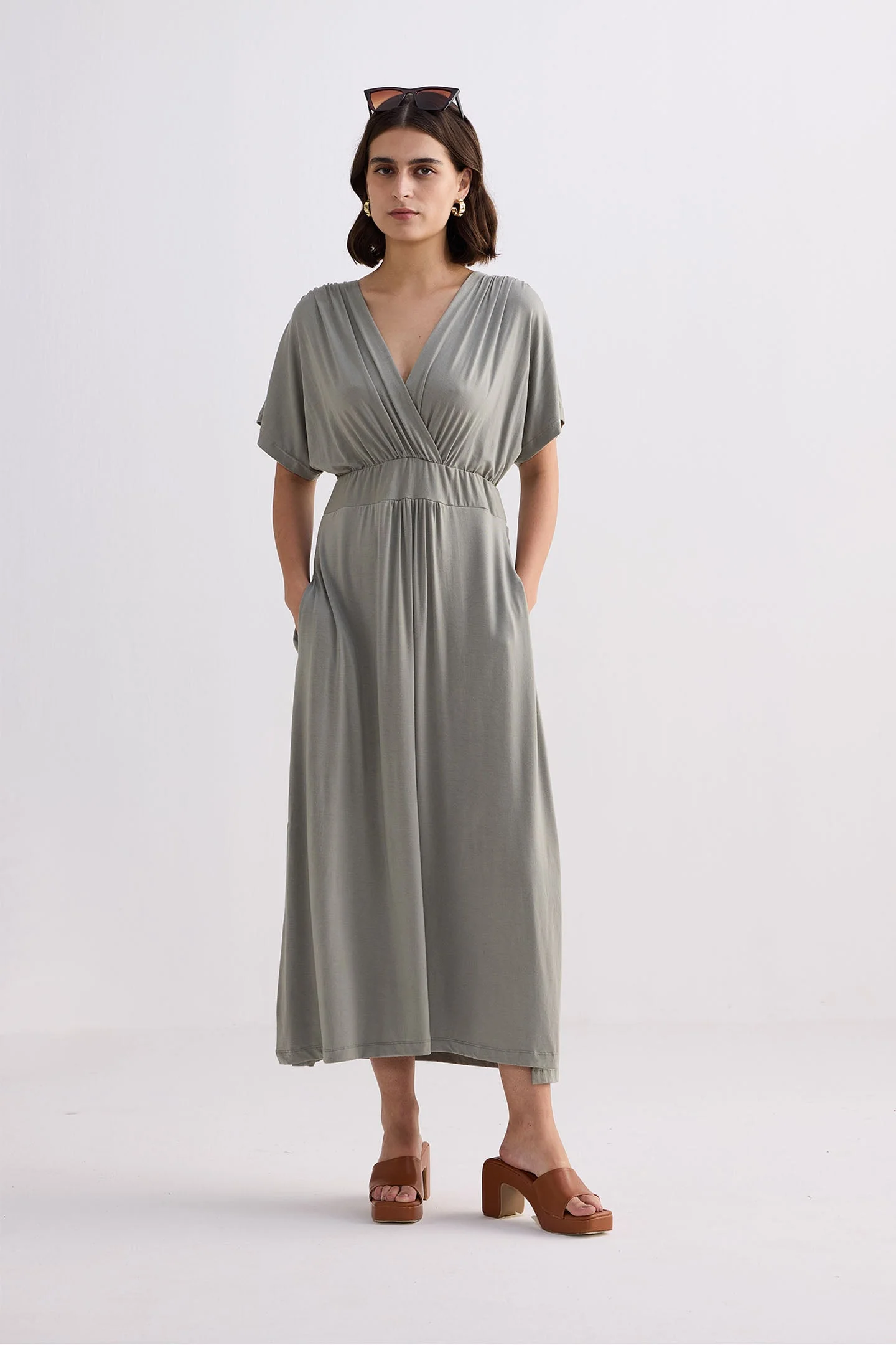 Flowy A-Line Maxi Dress with Side Slits in Light Olive - Image 5