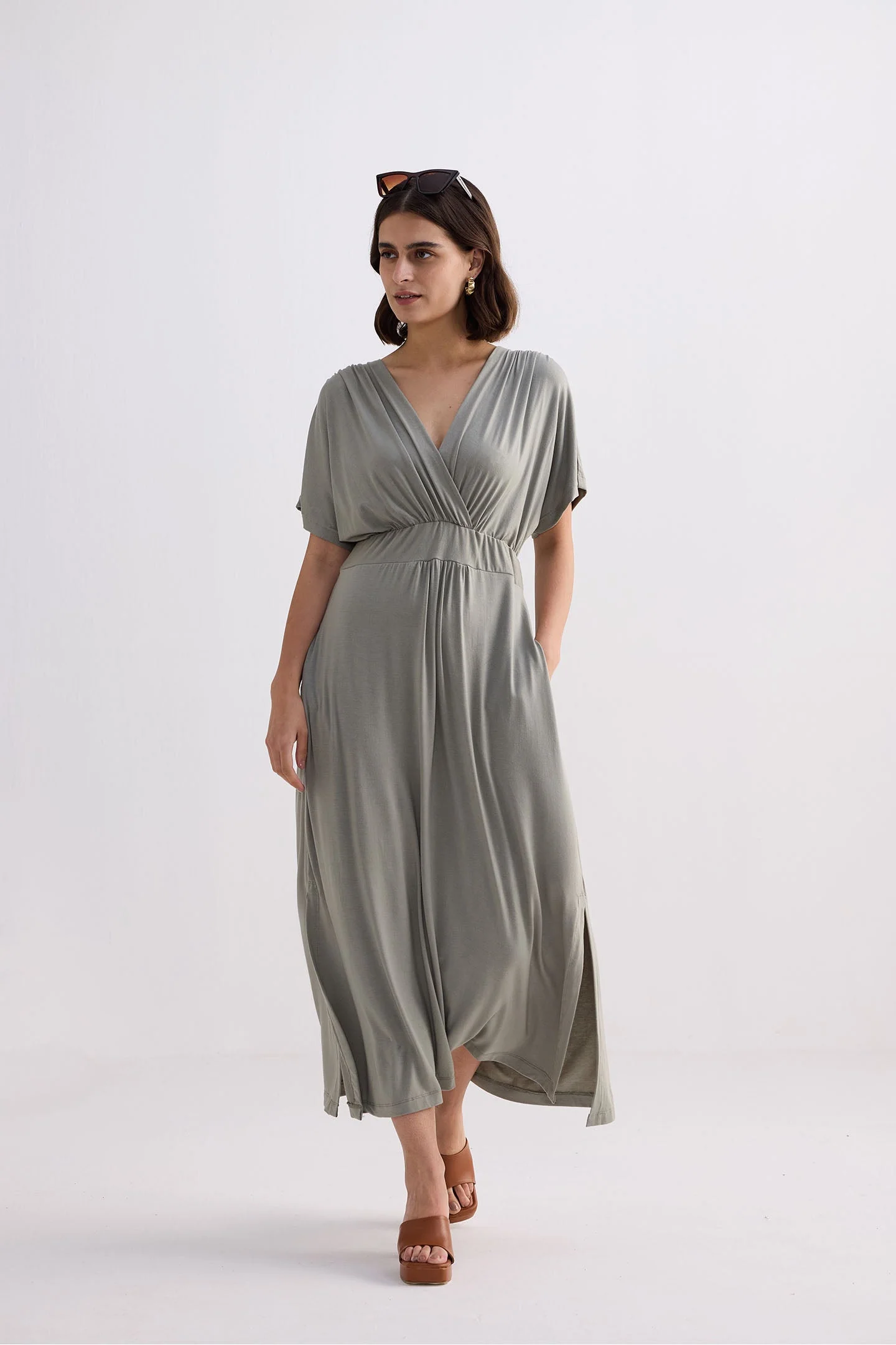 Flowy A-Line Maxi Dress with Side Slits in Light Olive - Image 6
