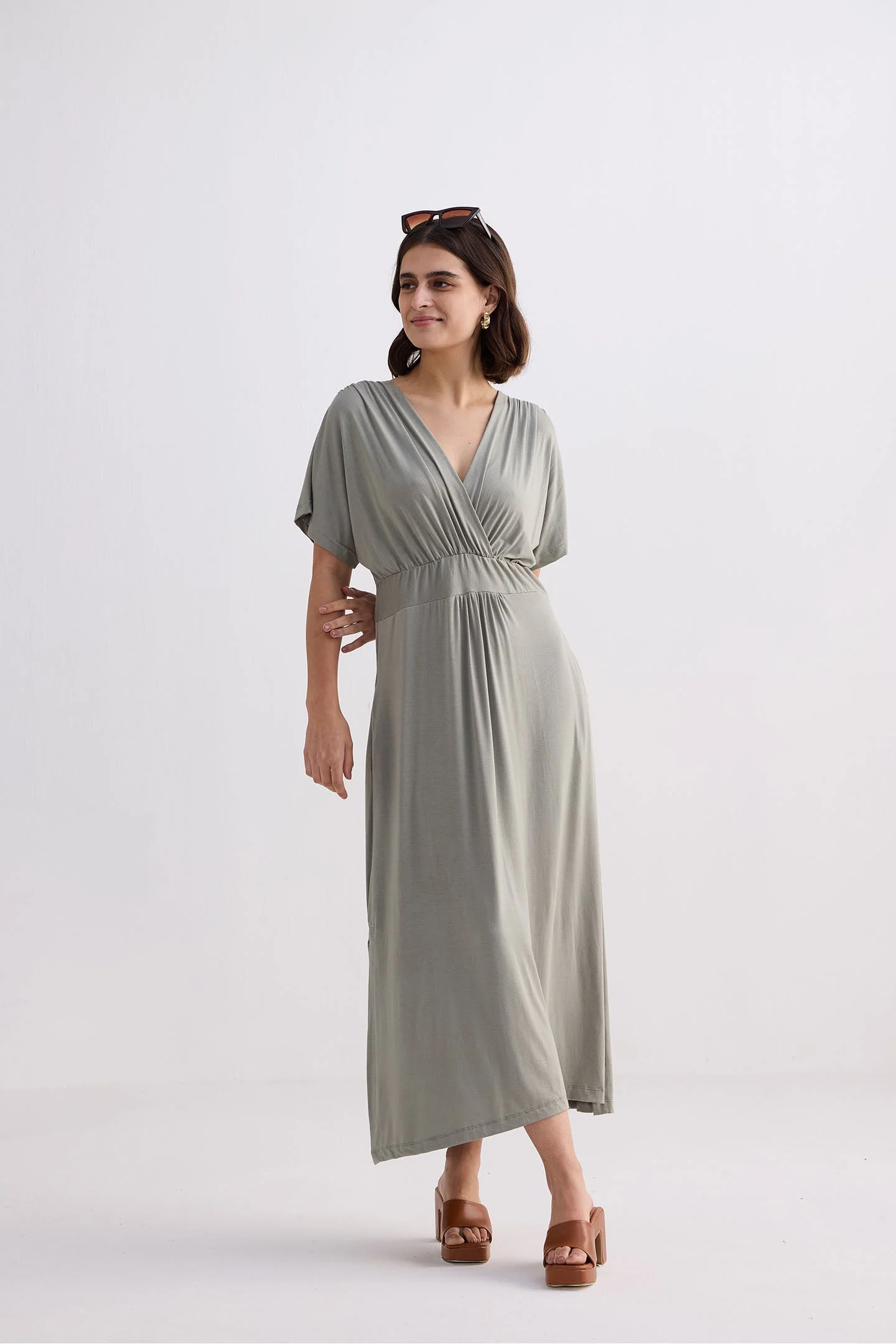 Flowy A-Line Maxi Dress with Side Slits in Light Olive - Image 7