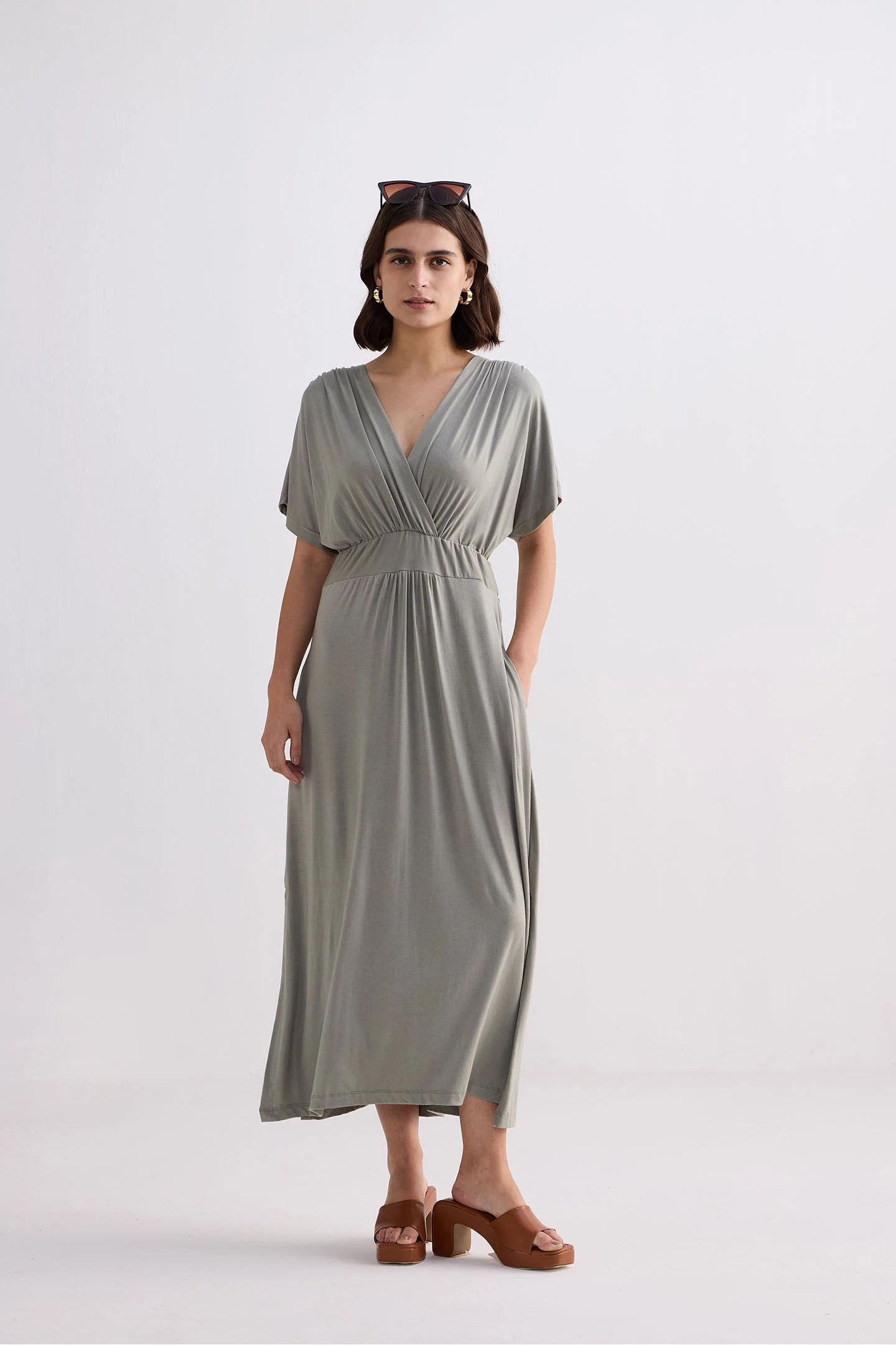 Flowy A-Line Maxi Dress with Side Slits in Light Olive - Image 8