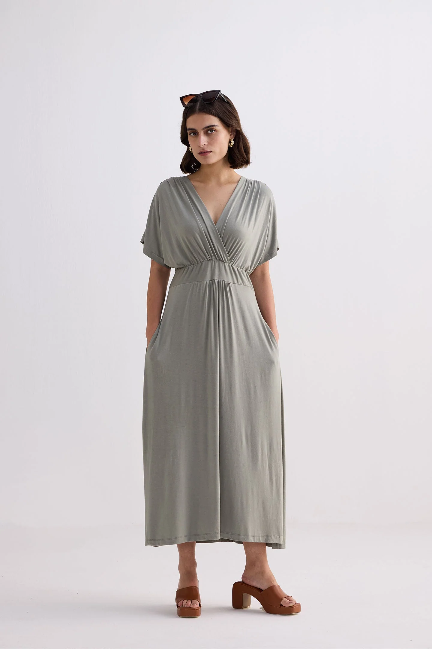 Flowy A-Line Maxi Dress with Side Slits in Light Olive - Image 9