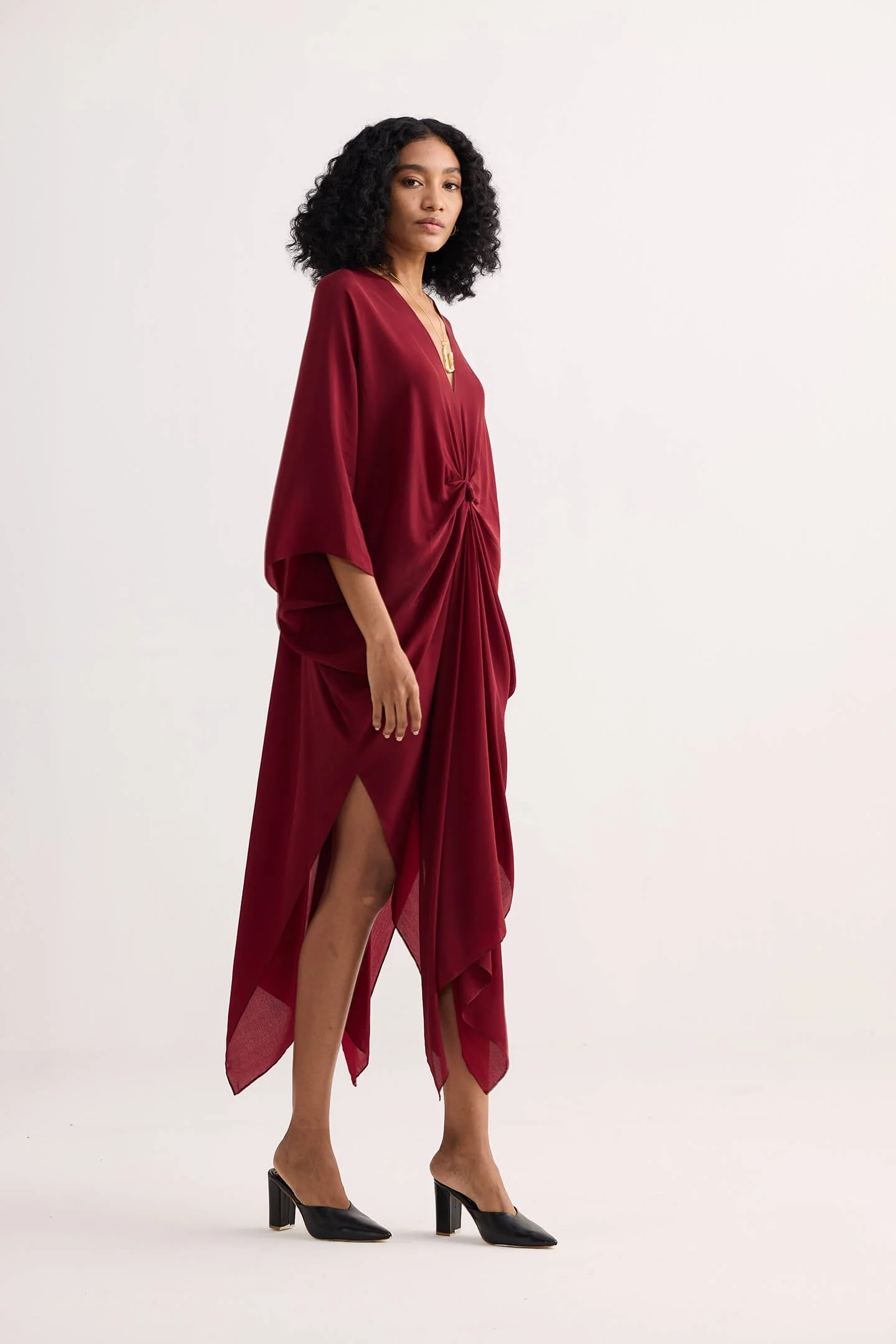 Front Twist Kaftan Dress in Burgundy - Image 3
