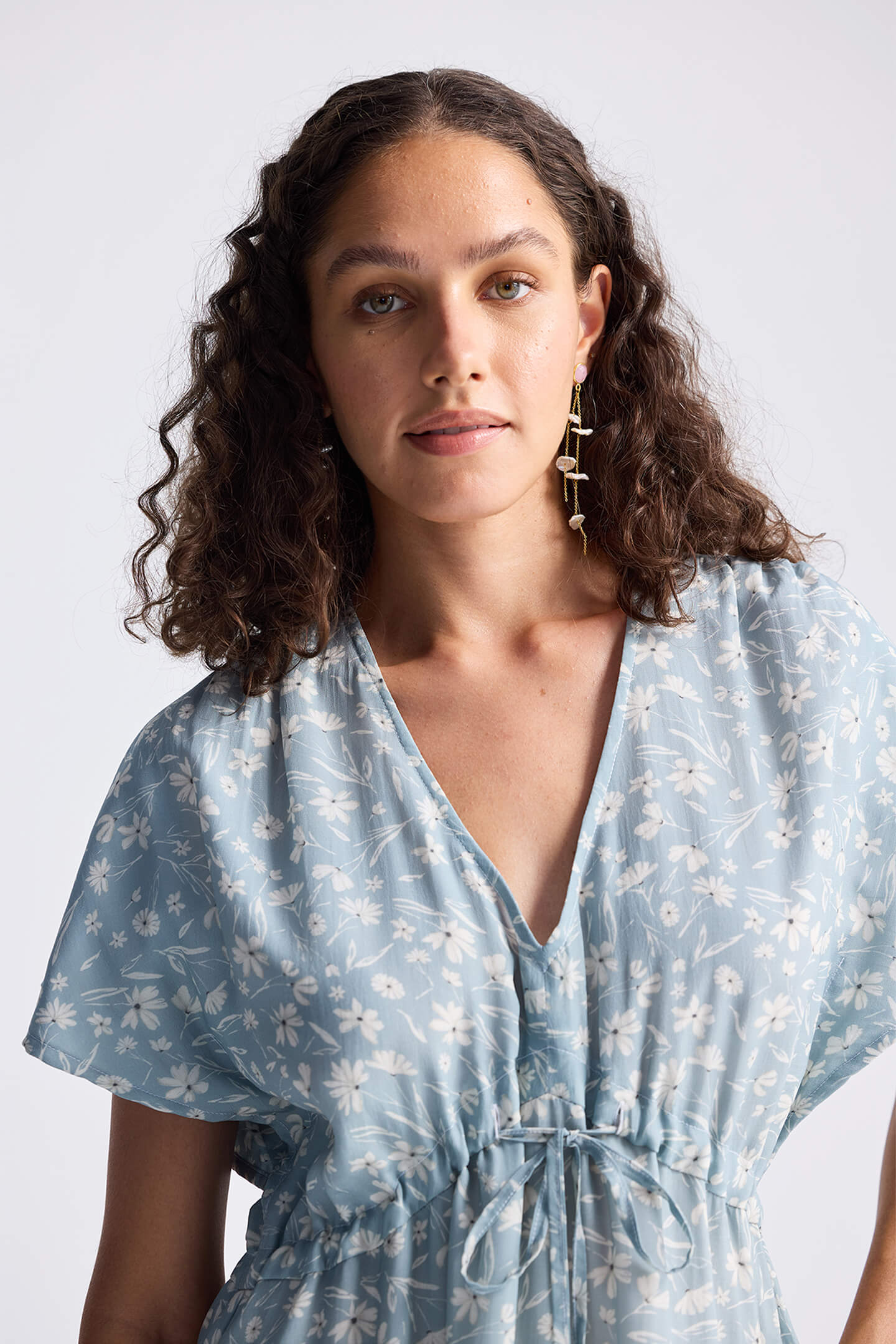 Gathered Maxi Dress in Light Blue Florals - Image 3