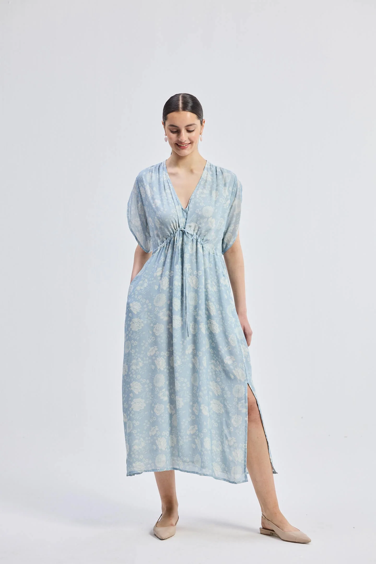 Gathered Maxi Dress with Drawstring in Blue Florals - Image 10