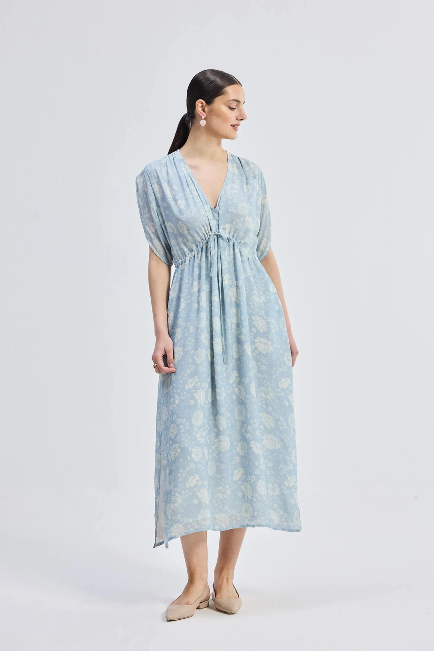 Gathered Maxi Dress with Drawstring in Blue Florals - Image 11