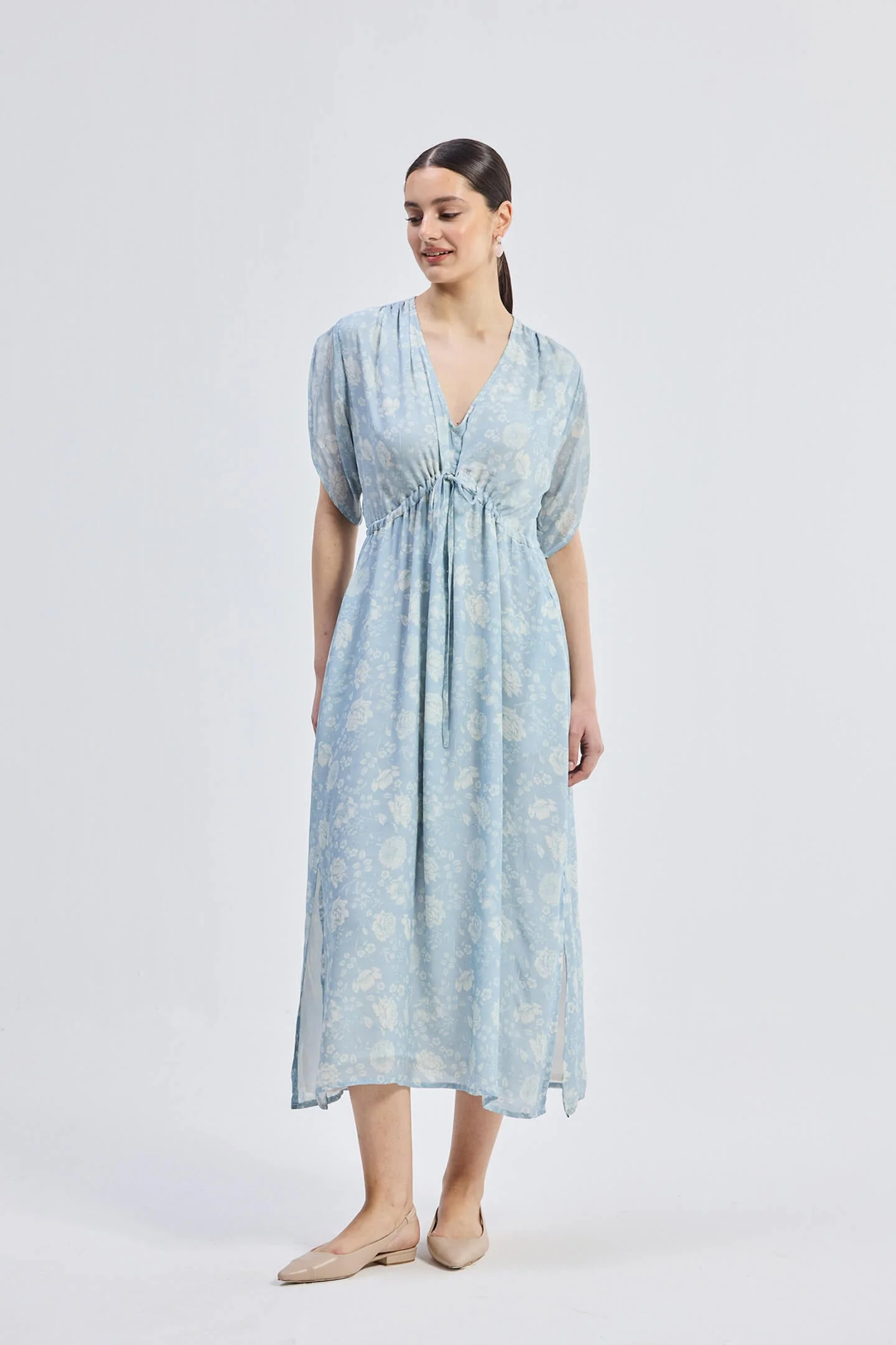 Gathered Maxi Dress with Drawstring in Blue Florals - Image 12