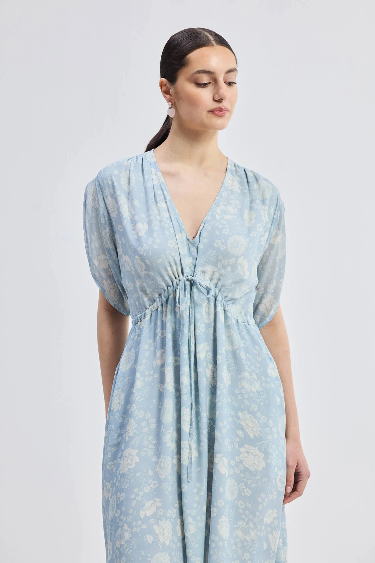 Gathered Maxi Dress with Drawstring in Blue Florals - Image 13