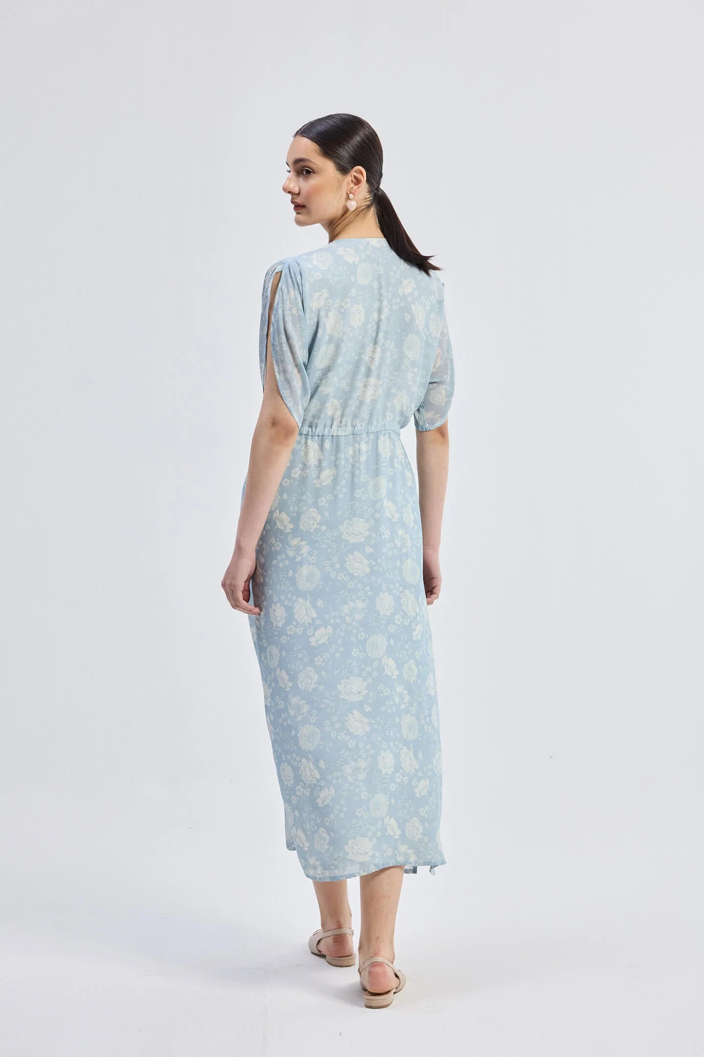 Gathered Maxi Dress with Drawstring in Blue Florals - Image 2