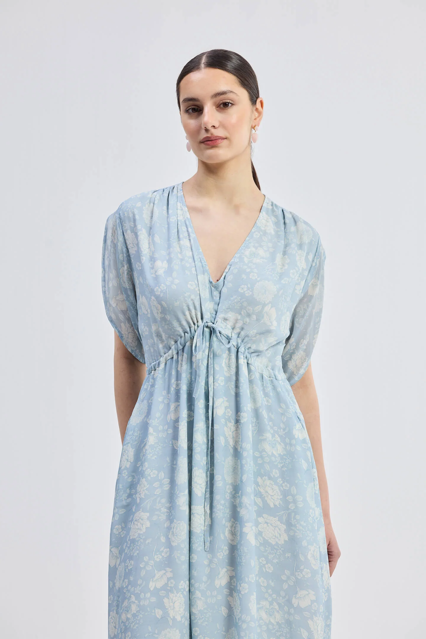 Gathered Maxi Dress with Drawstring in Blue Florals - Image 3