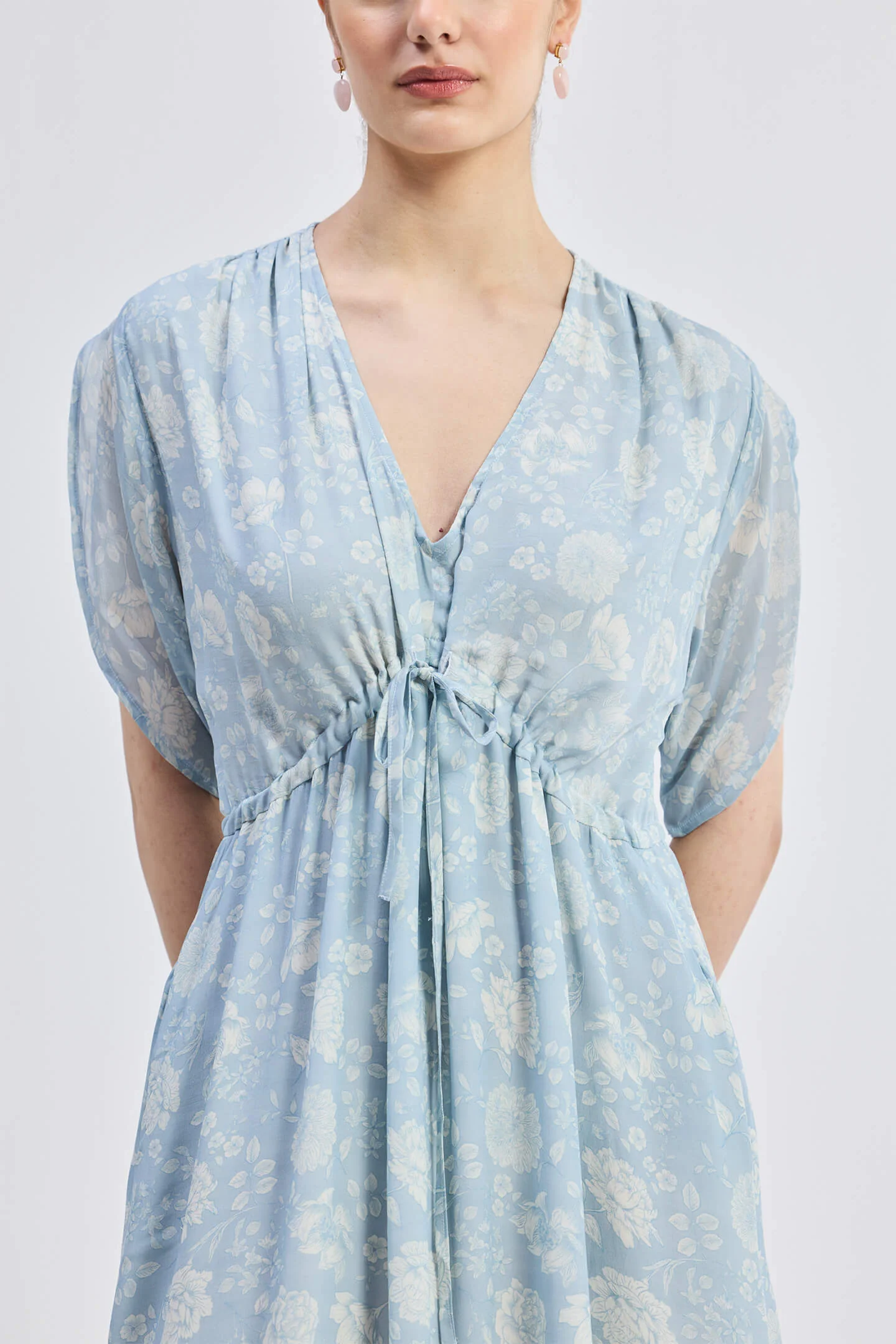 Gathered Maxi Dress with Drawstring in Blue Florals - Image 4