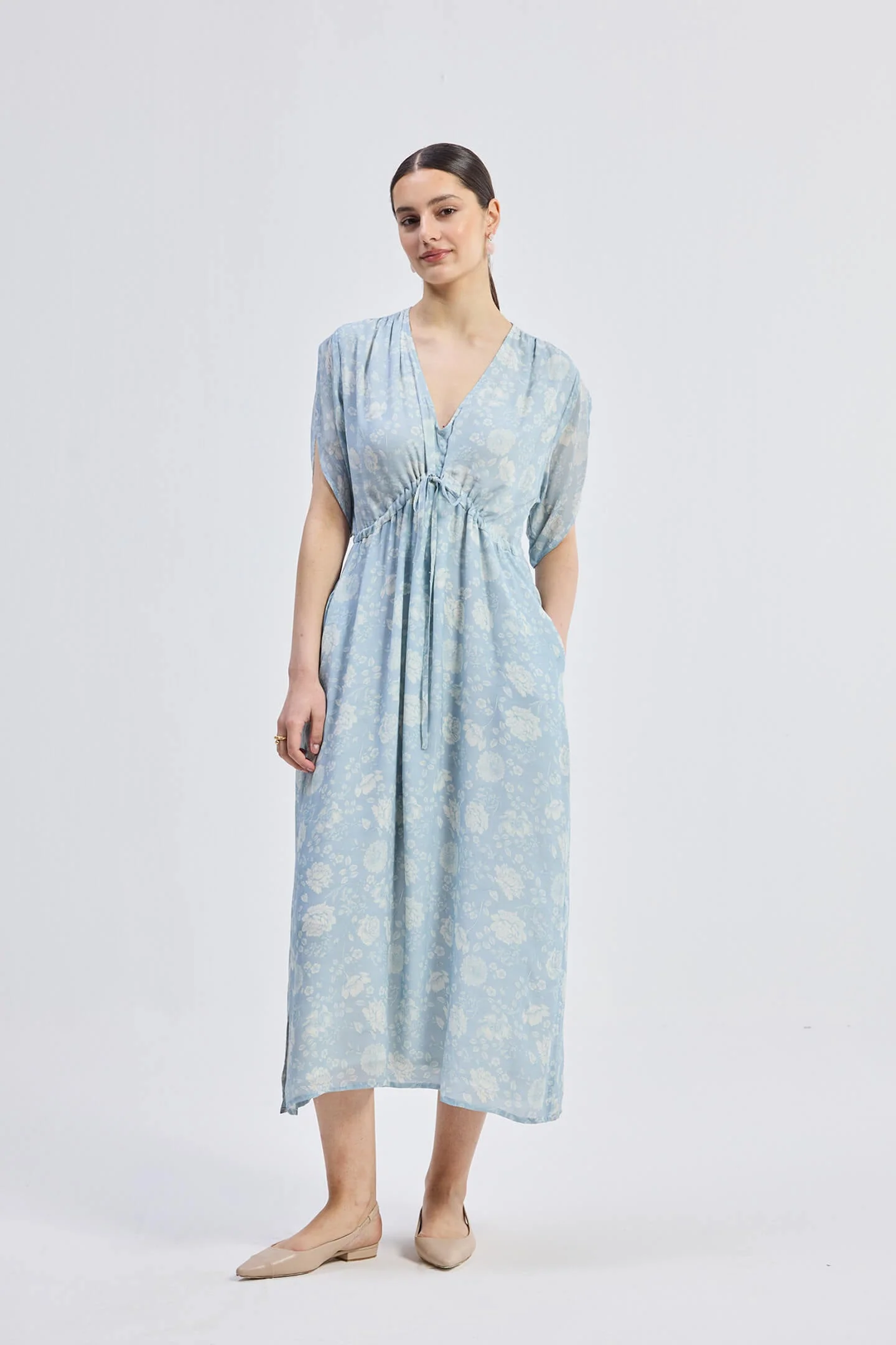 Gathered Maxi Dress with Drawstring in Blue Florals - Image 5