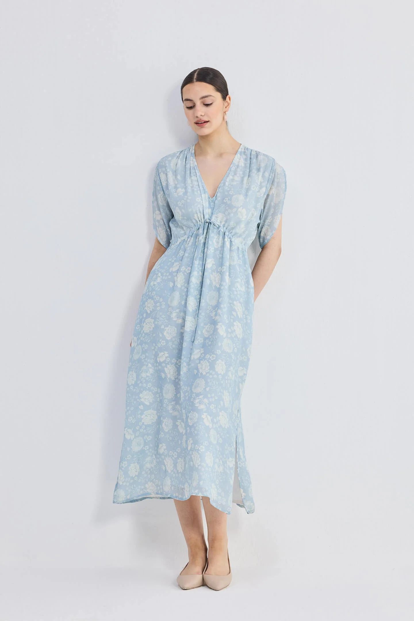 Gathered Maxi Dress with Drawstring in Blue Florals - Image 6