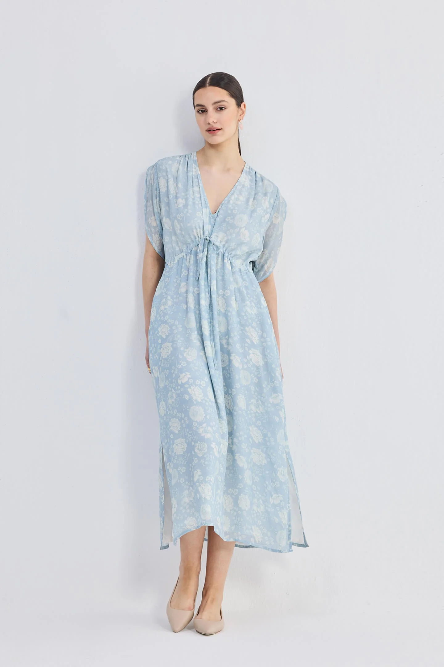 Gathered Maxi Dress with Drawstring in Blue Florals - Image 7