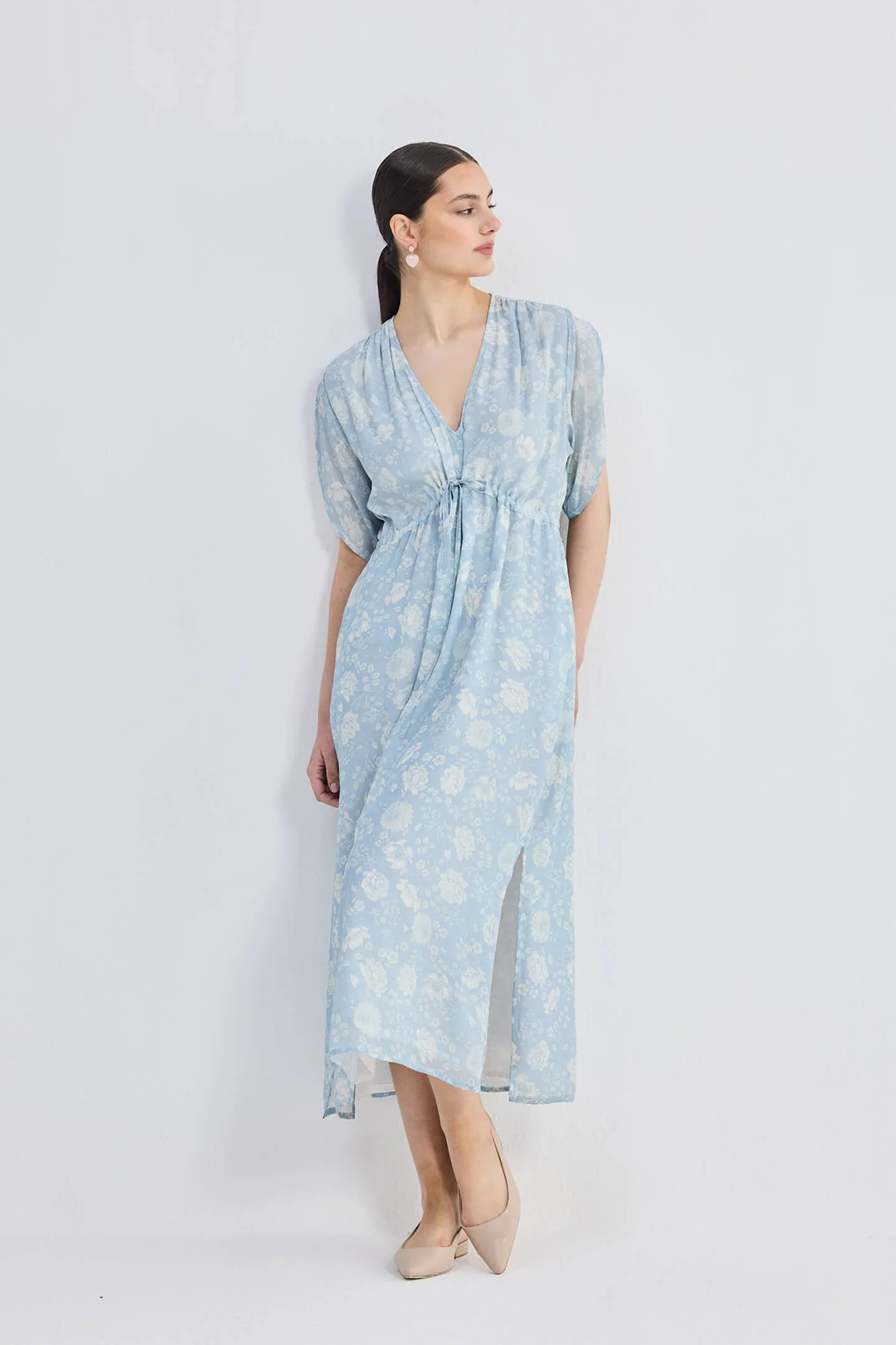 Gathered Maxi Dress with Drawstring in Blue Florals - Image 8