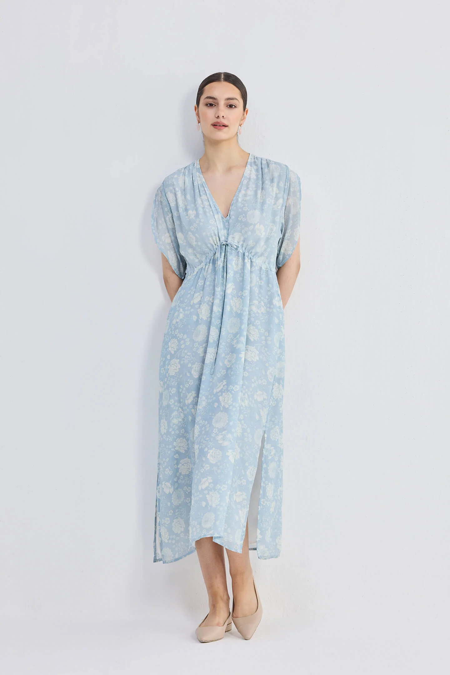 Gathered Maxi Dress with Drawstring in Blue Florals - Image 9